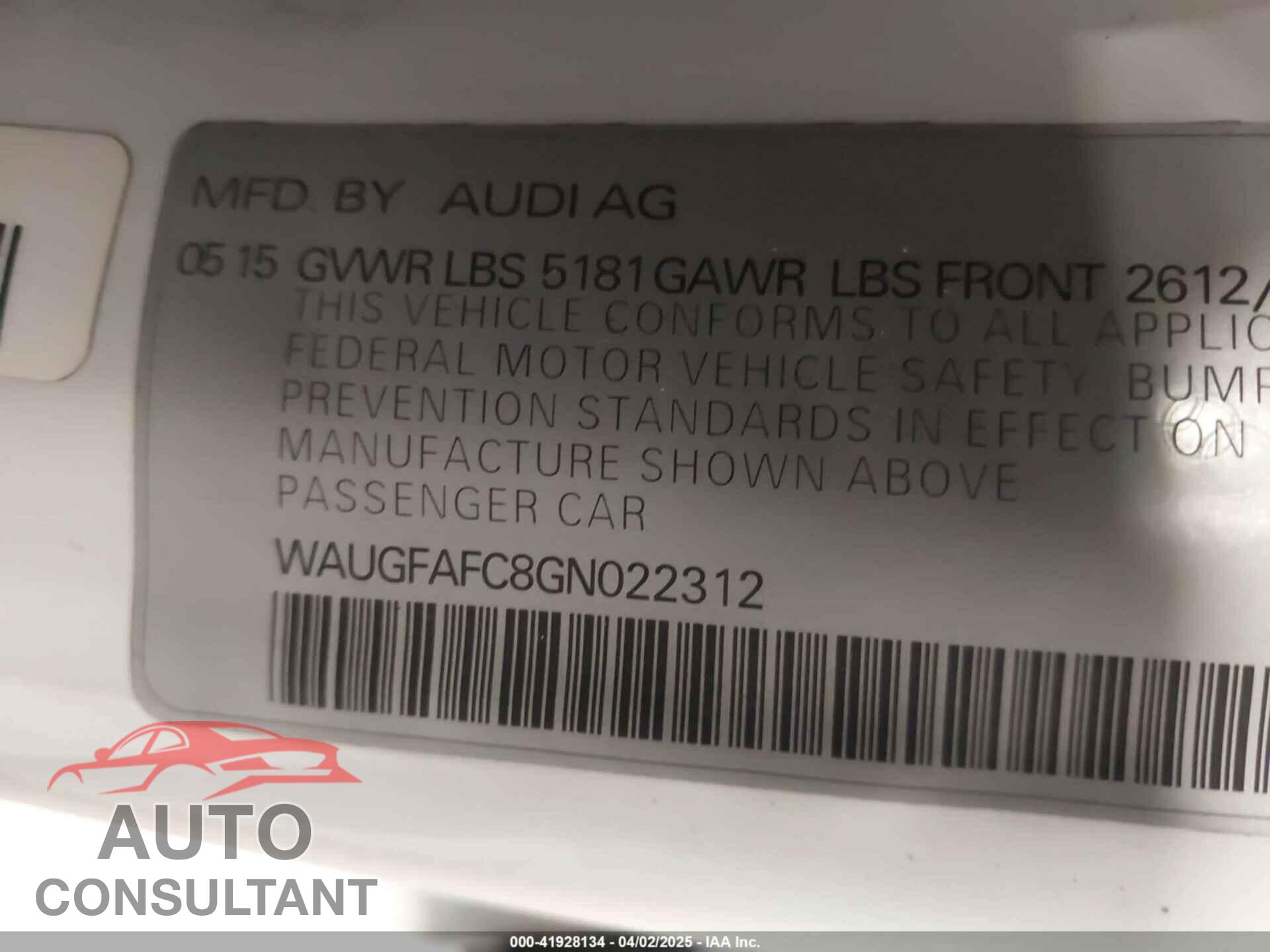 AUDI A6 2016 - WAUGFAFC8GN022312
