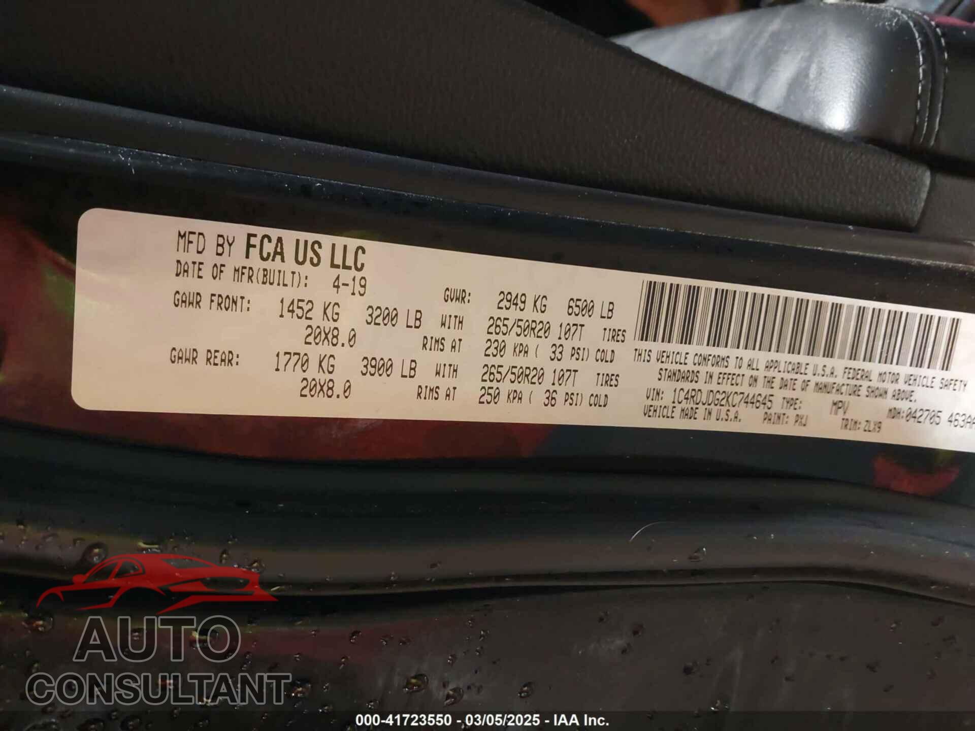 DODGE DURANGO 2019 - 1C4RDJDG2KC744645