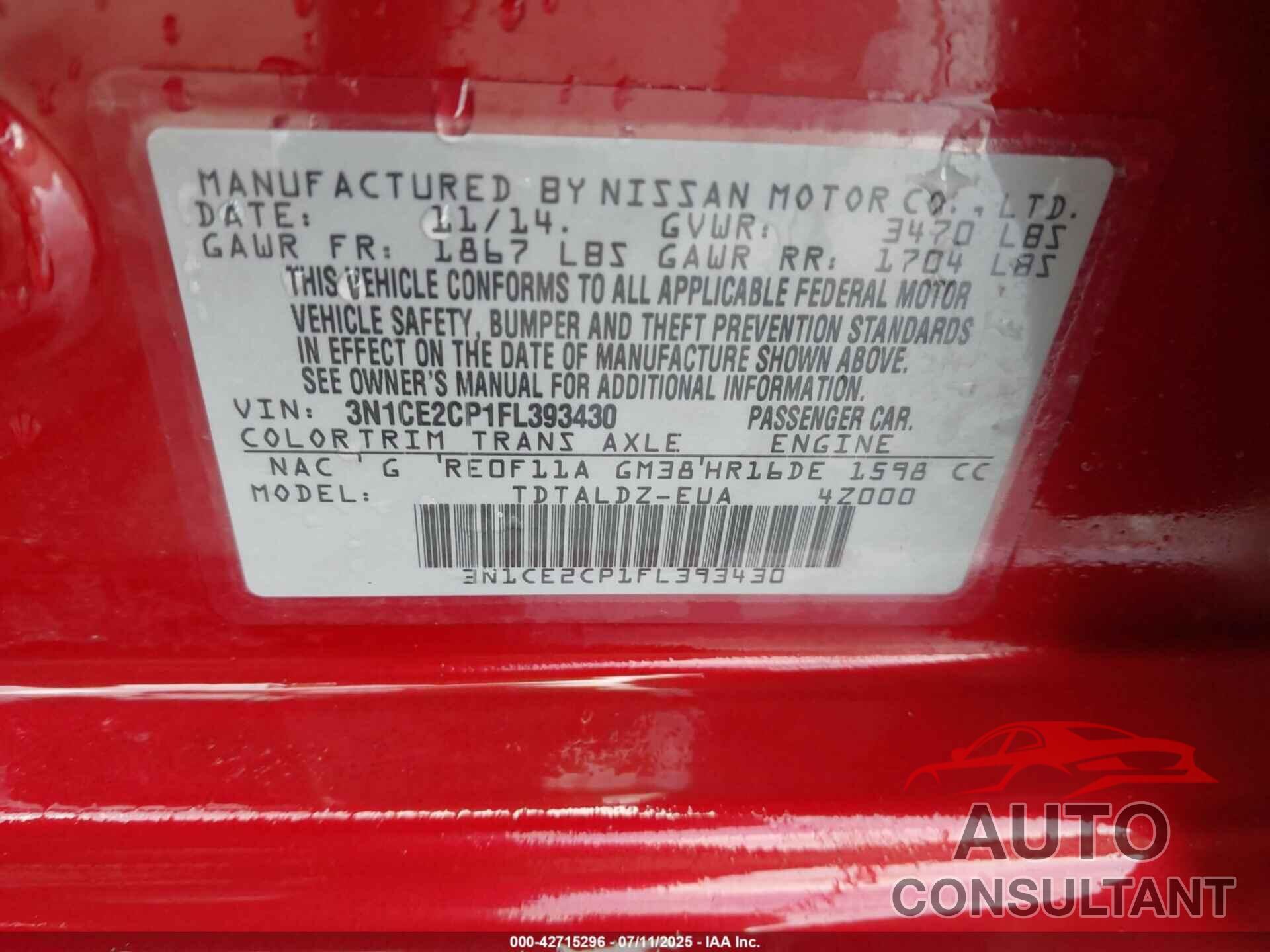 NISSAN VERSA NOTE 2015 - 3N1CE2CP1FL393430