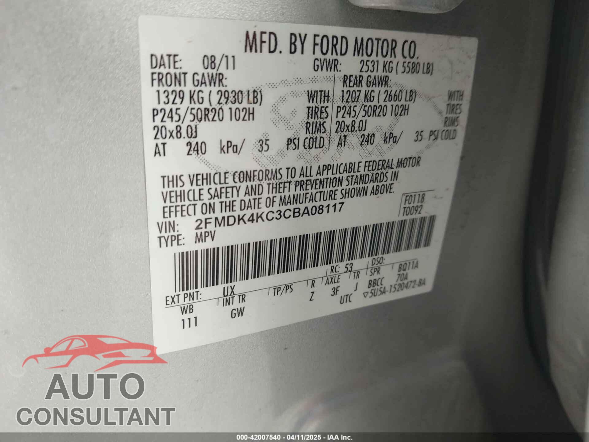 FORD EDGE 2012 - 2FMDK4KC3CBA08117