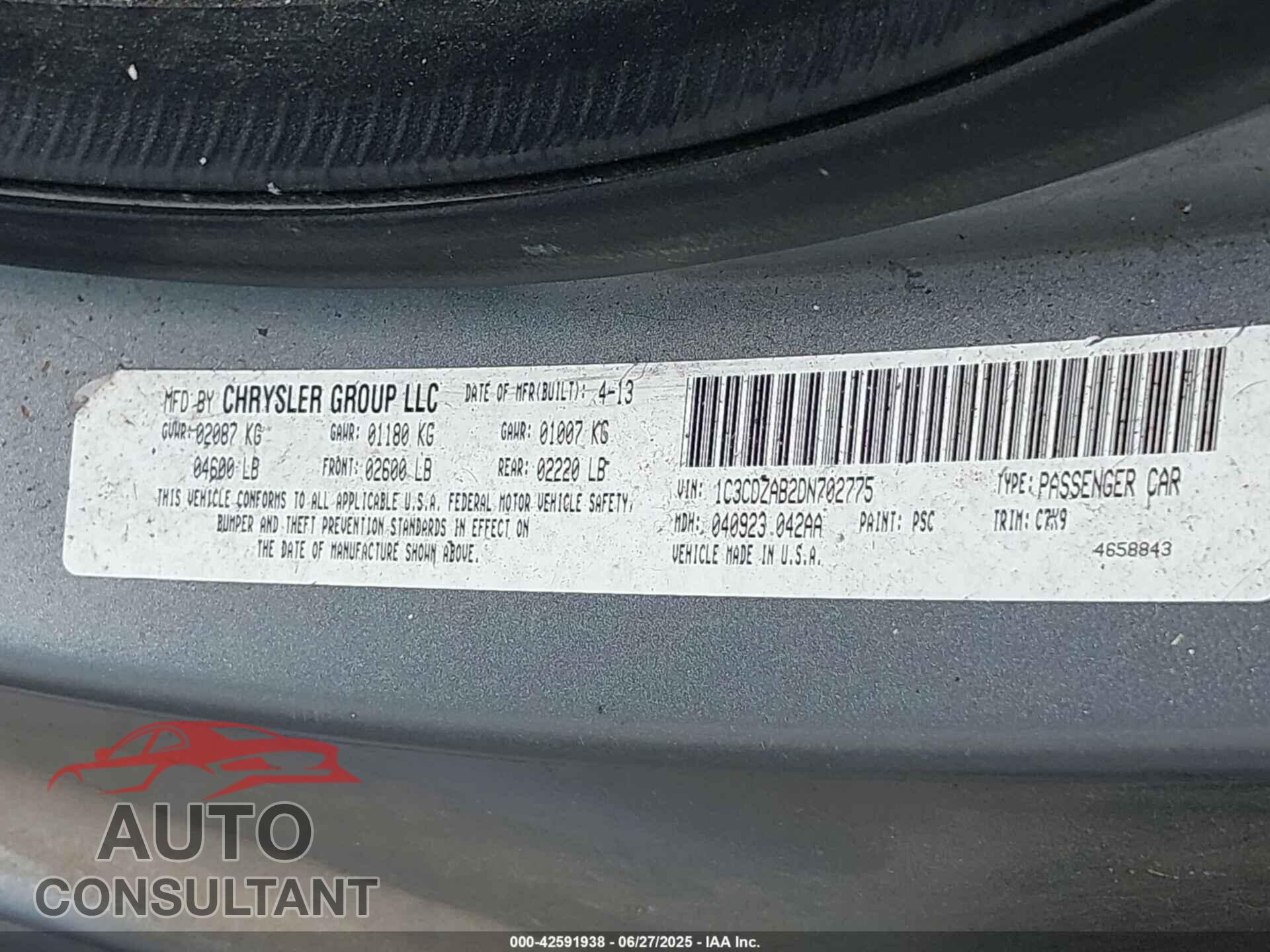 DODGE AVENGER 2013 - 1C3CDZAB2DN702775