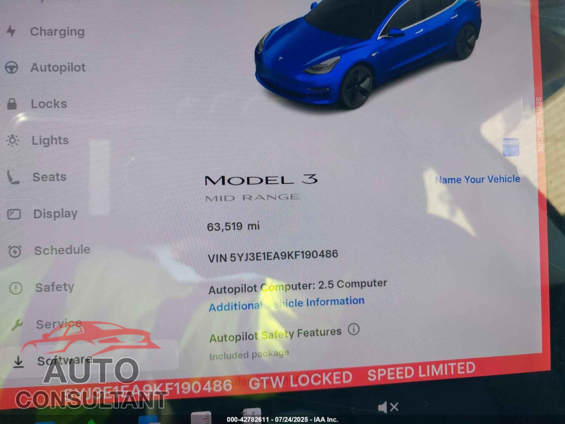 TESLA MODEL 3 2019 - 5YJ3E1EA9KF190486
