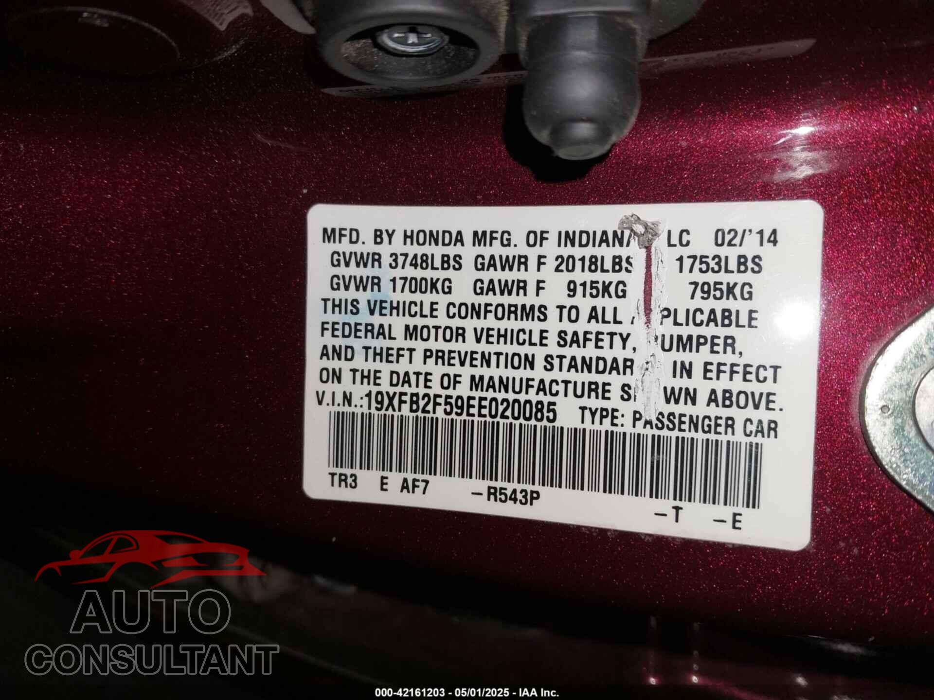 HONDA CIVIC 2014 - 19XFB2F59EE020085