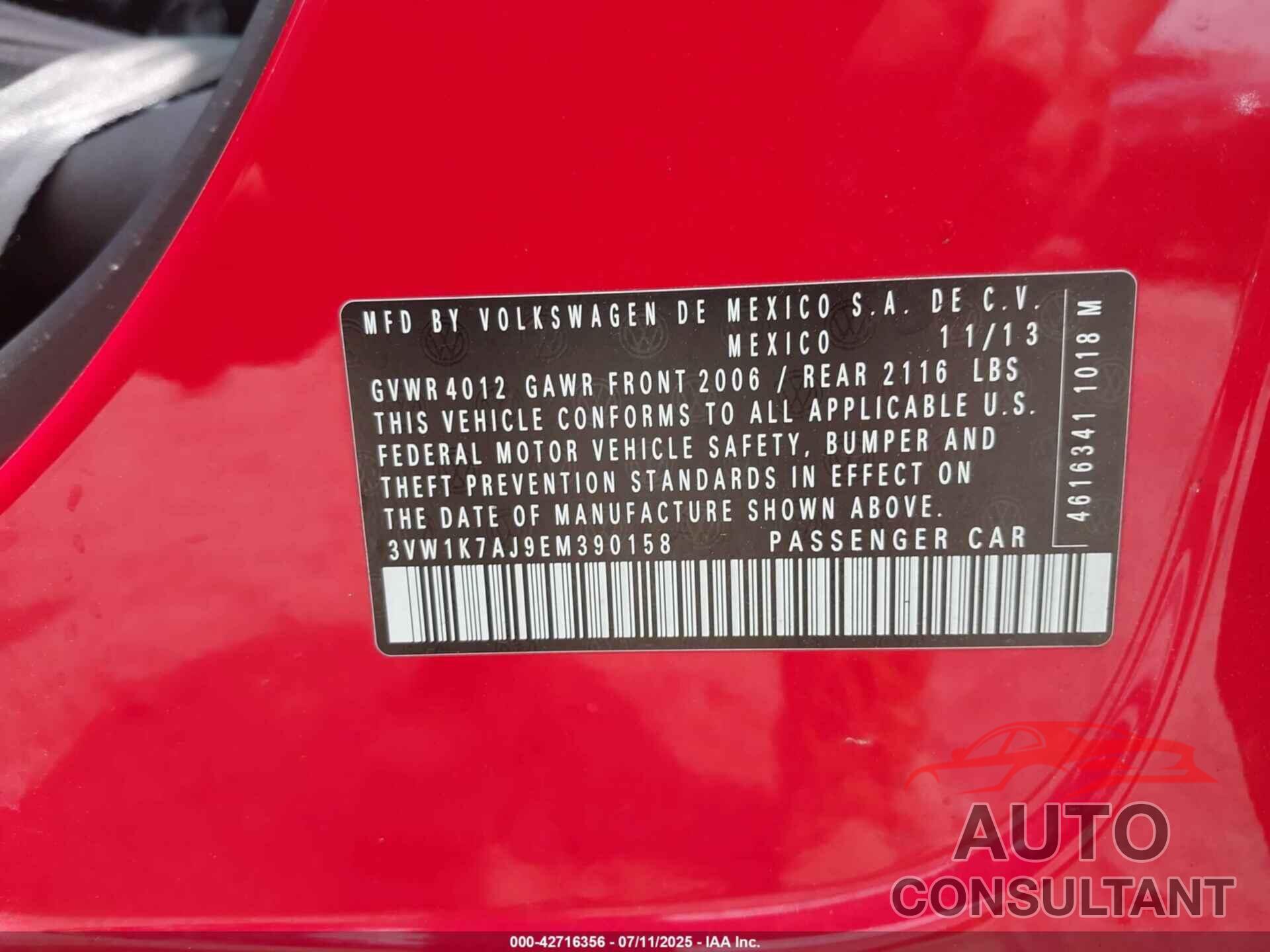 VOLKSWAGEN JETTA 2014 - 3VW1K7AJ9EM390158