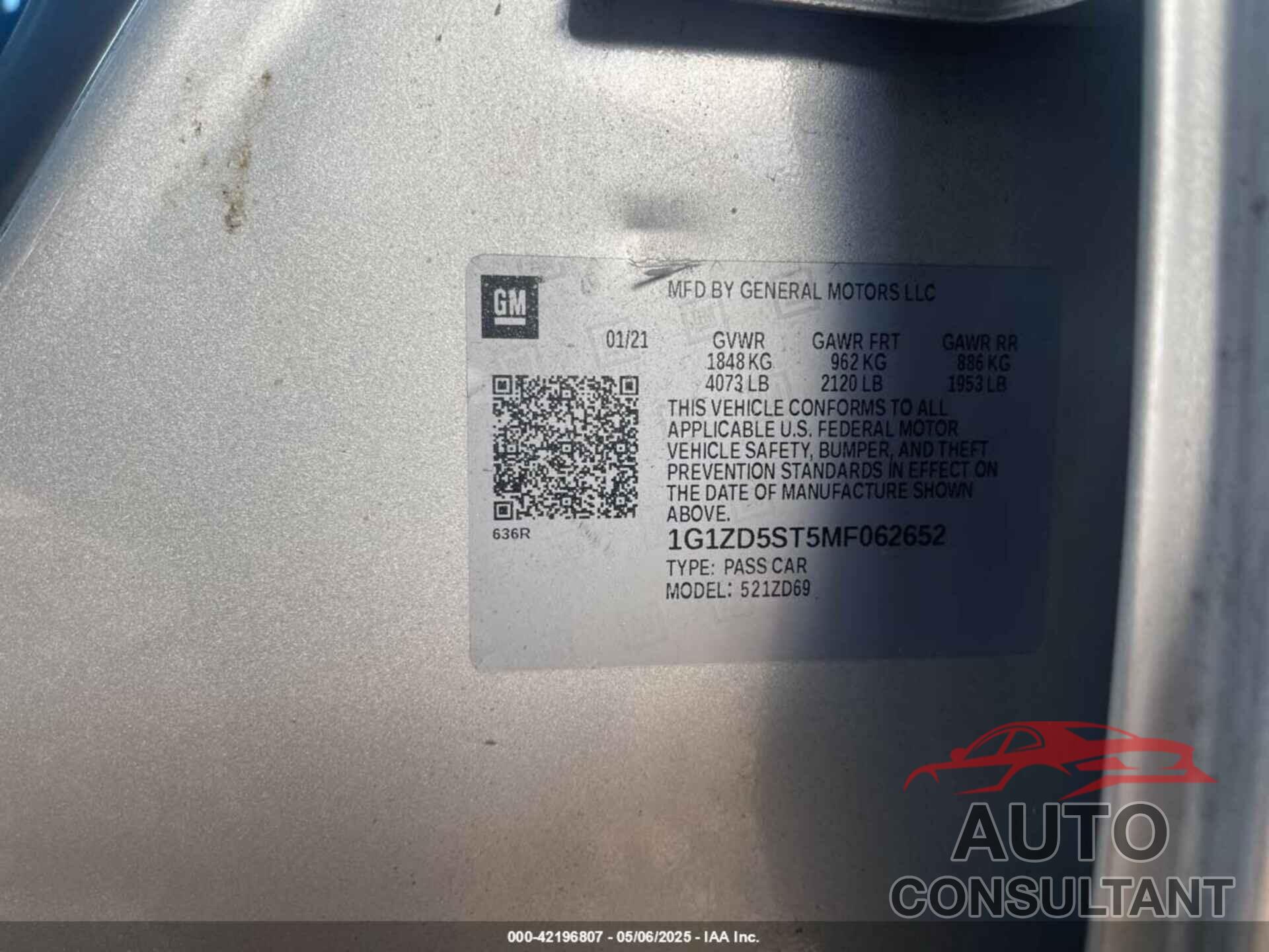 CHEVROLET MALIBU 2021 - 1G1ZD5ST5MF062652