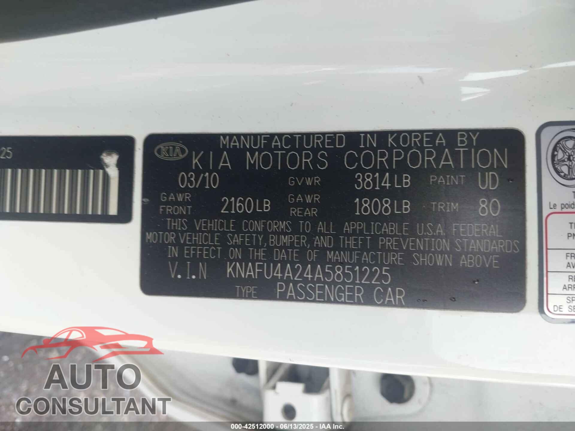 KIA FORTE 2010 - KNAFU4A24A5851225
