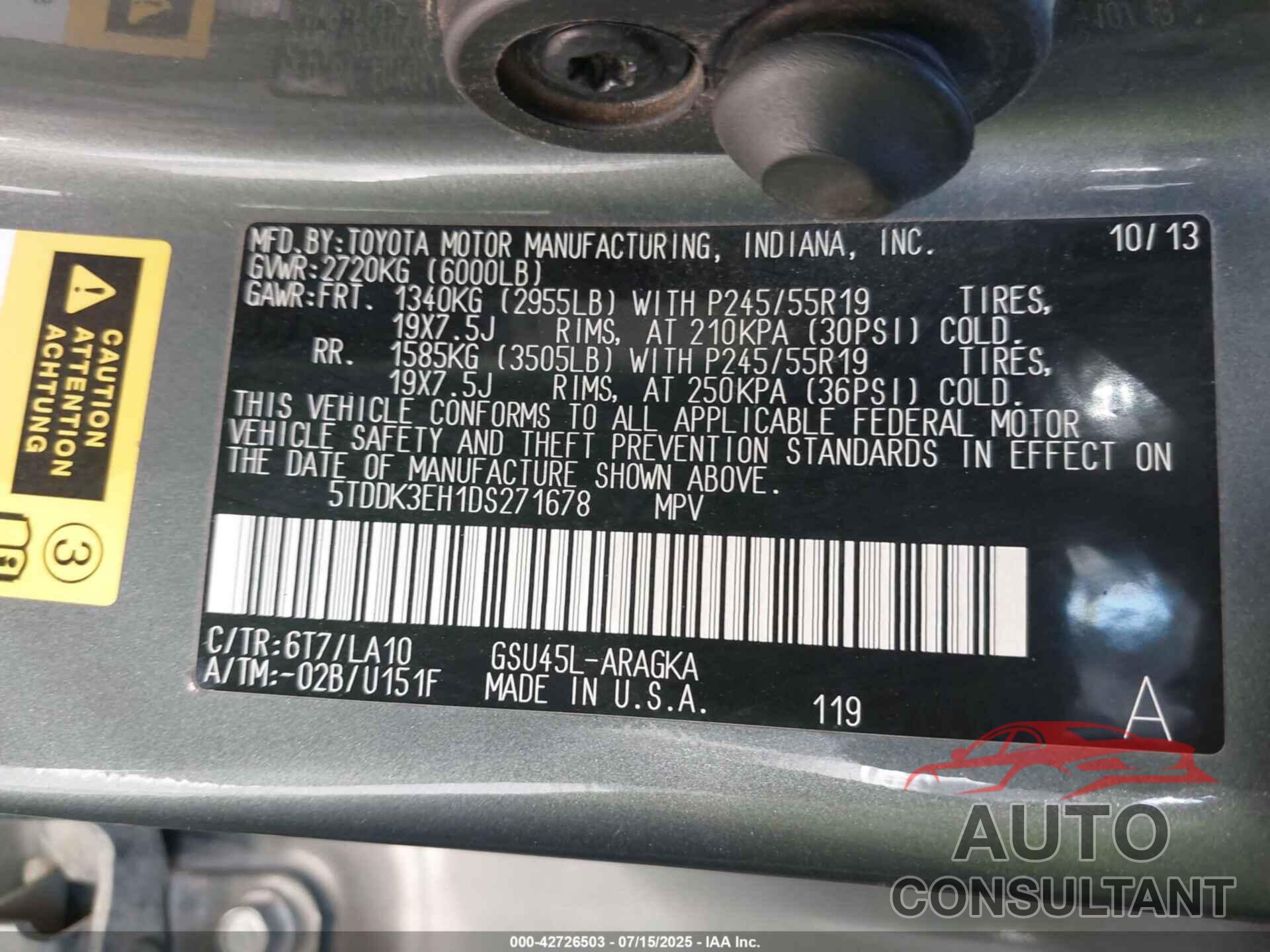 TOYOTA HIGHLANDER 2013 - 5TDDK3EH1DS271678