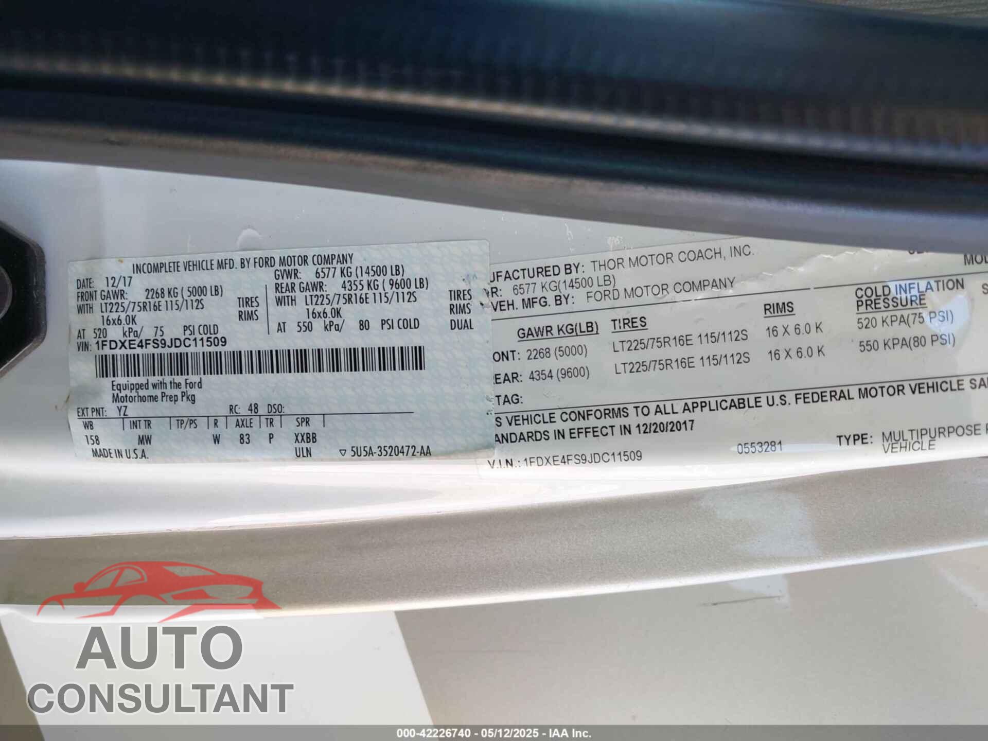 FORD E-450 CUTAWAY 2018 - 1FDXE4FS9JDC11509