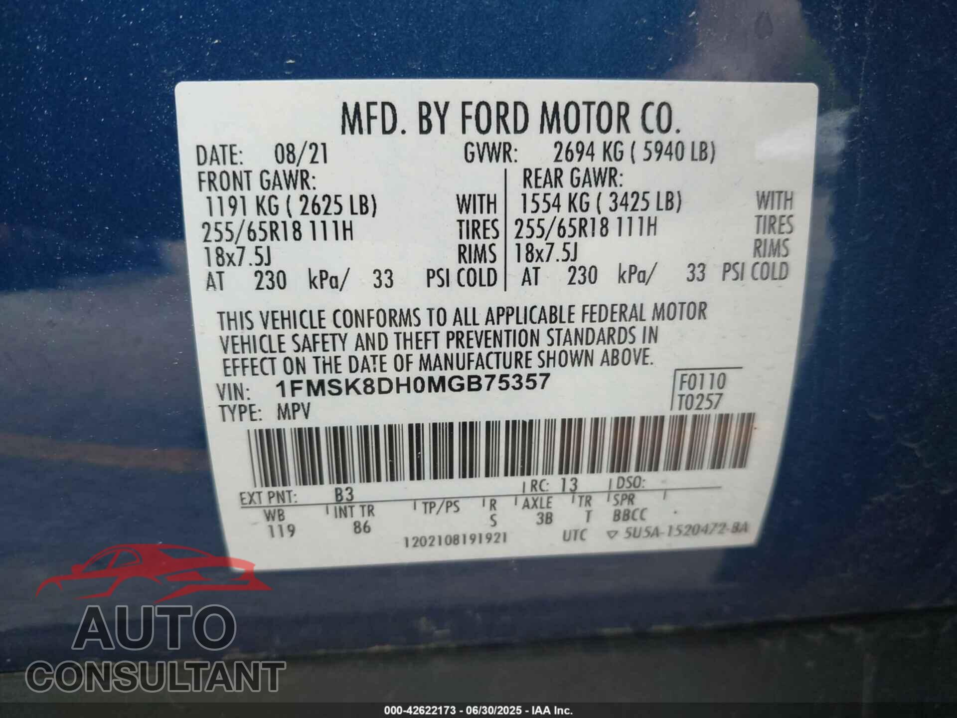 FORD EXPLORER 2021 - 1FMSK8DH0MGB75357