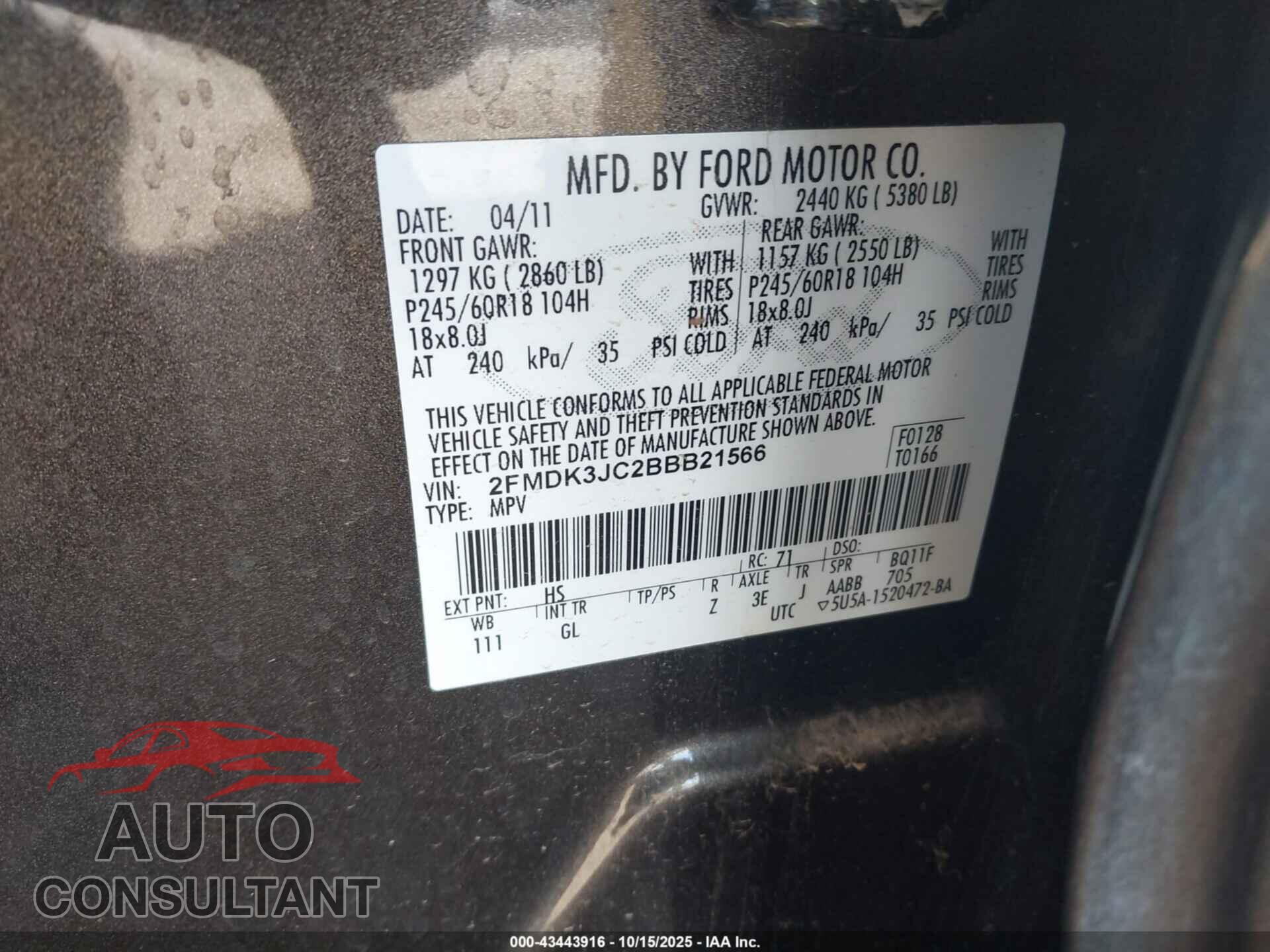 FORD EDGE 2011 - 2FMDK3JC2BBB21566
