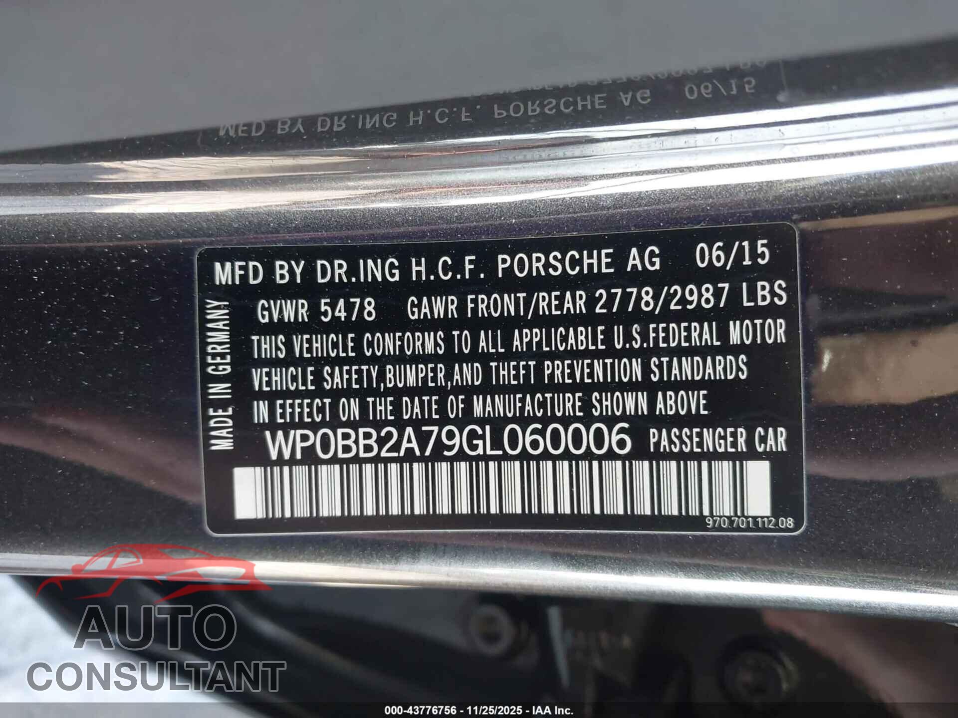 PORSCHE PANAMERA 2016 - WP0BB2A79GL060006