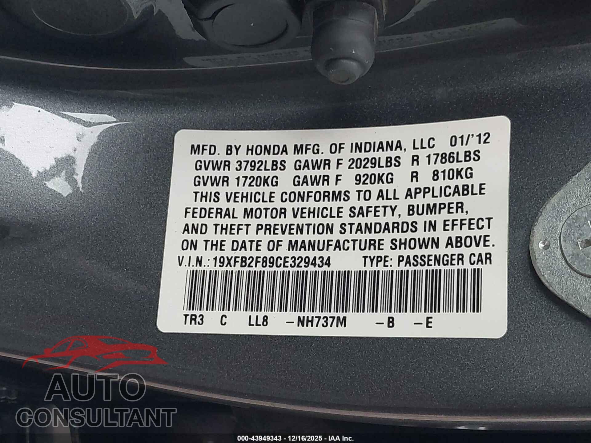 HONDA CIVIC 2012 - 19XFB2F89CE329434