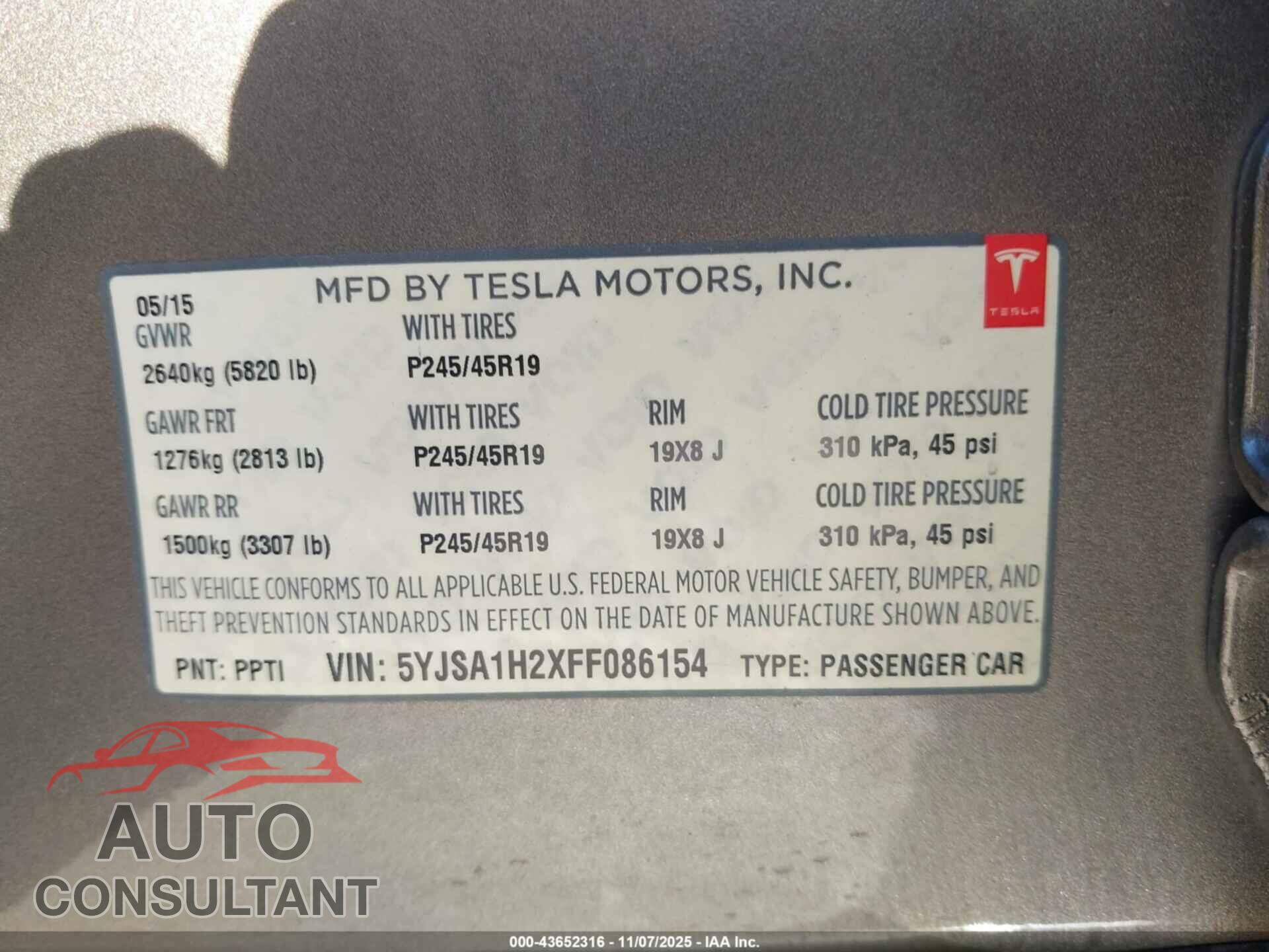 TESLA MODEL S 2015 - 5YJSA1H2XFF086154
