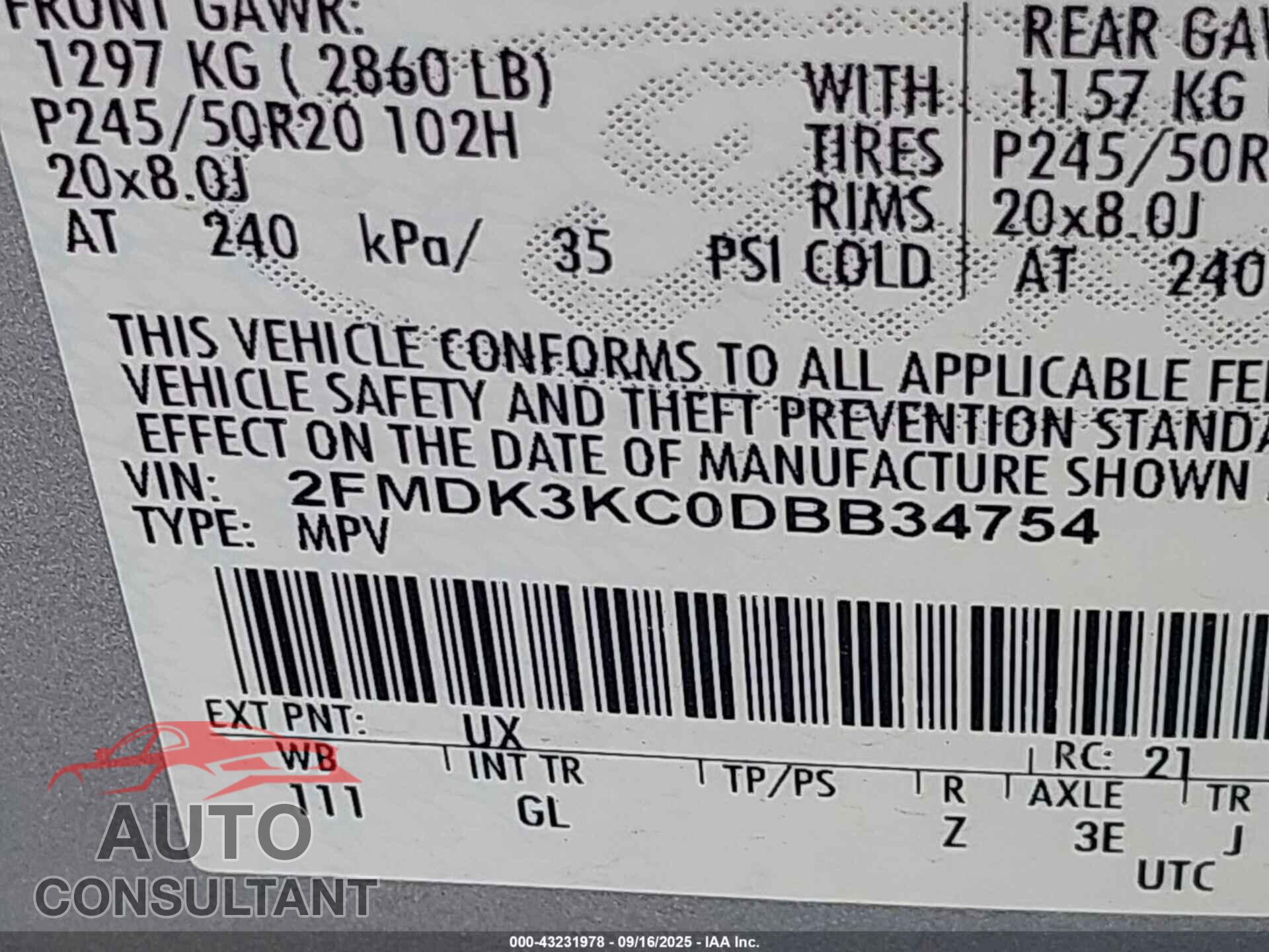 FORD EDGE 2013 - 2FMDK3KC0DBB34754
