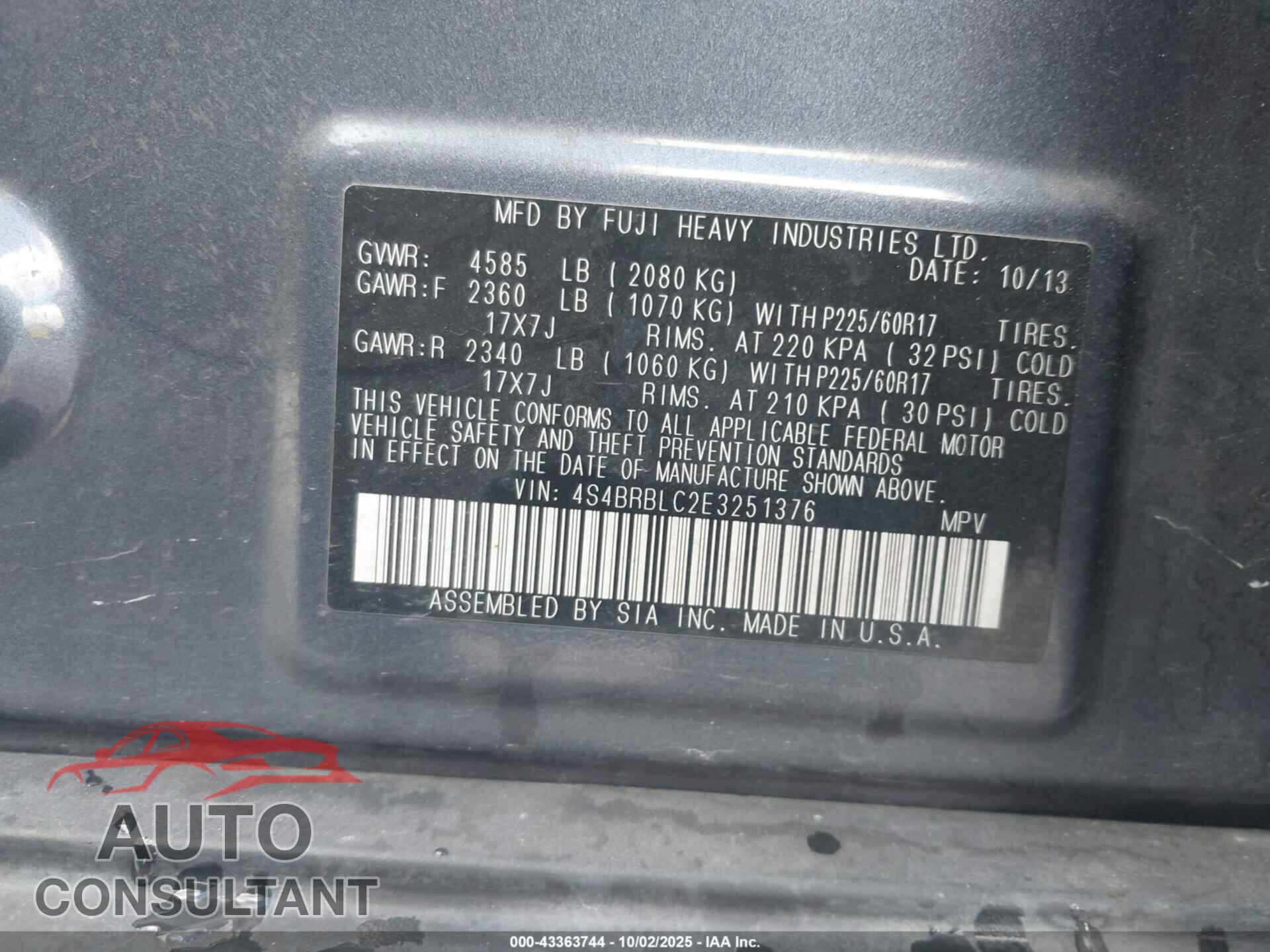 SUBARU OUTBACK 2014 - 4S4BRBLC2E3251376