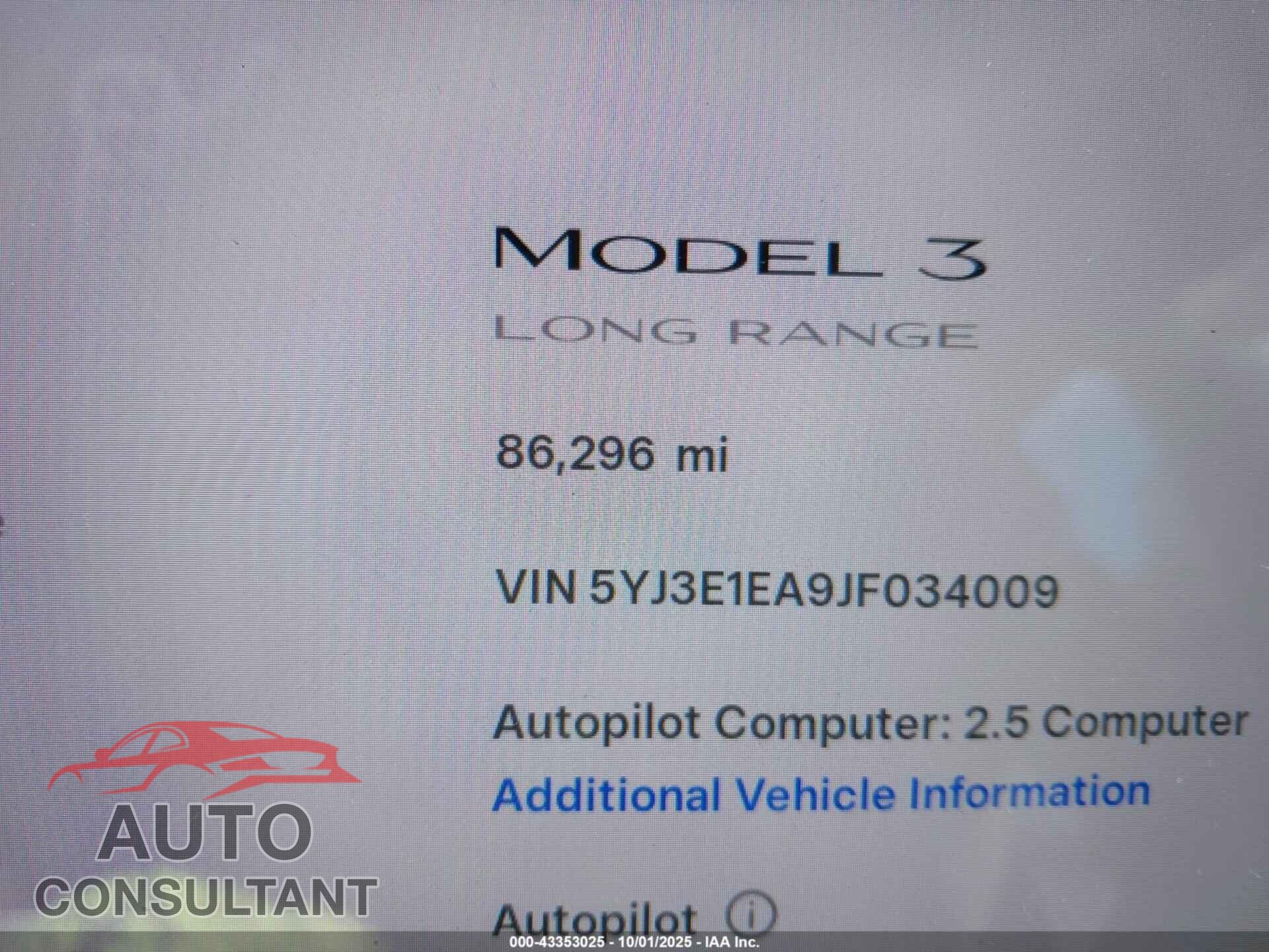 TESLA MODEL 3 2018 - 5YJ3E1EA9JF034009