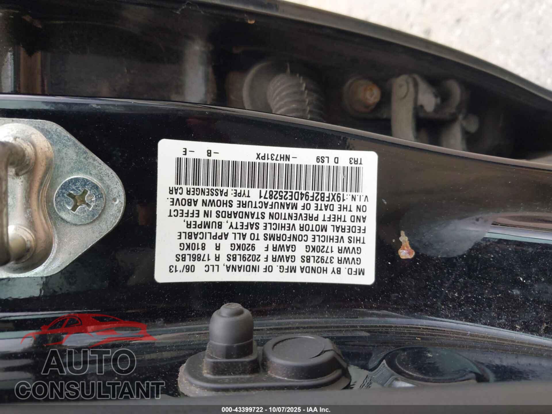 HONDA CIVIC 2013 - 19XFB2F94DE252871