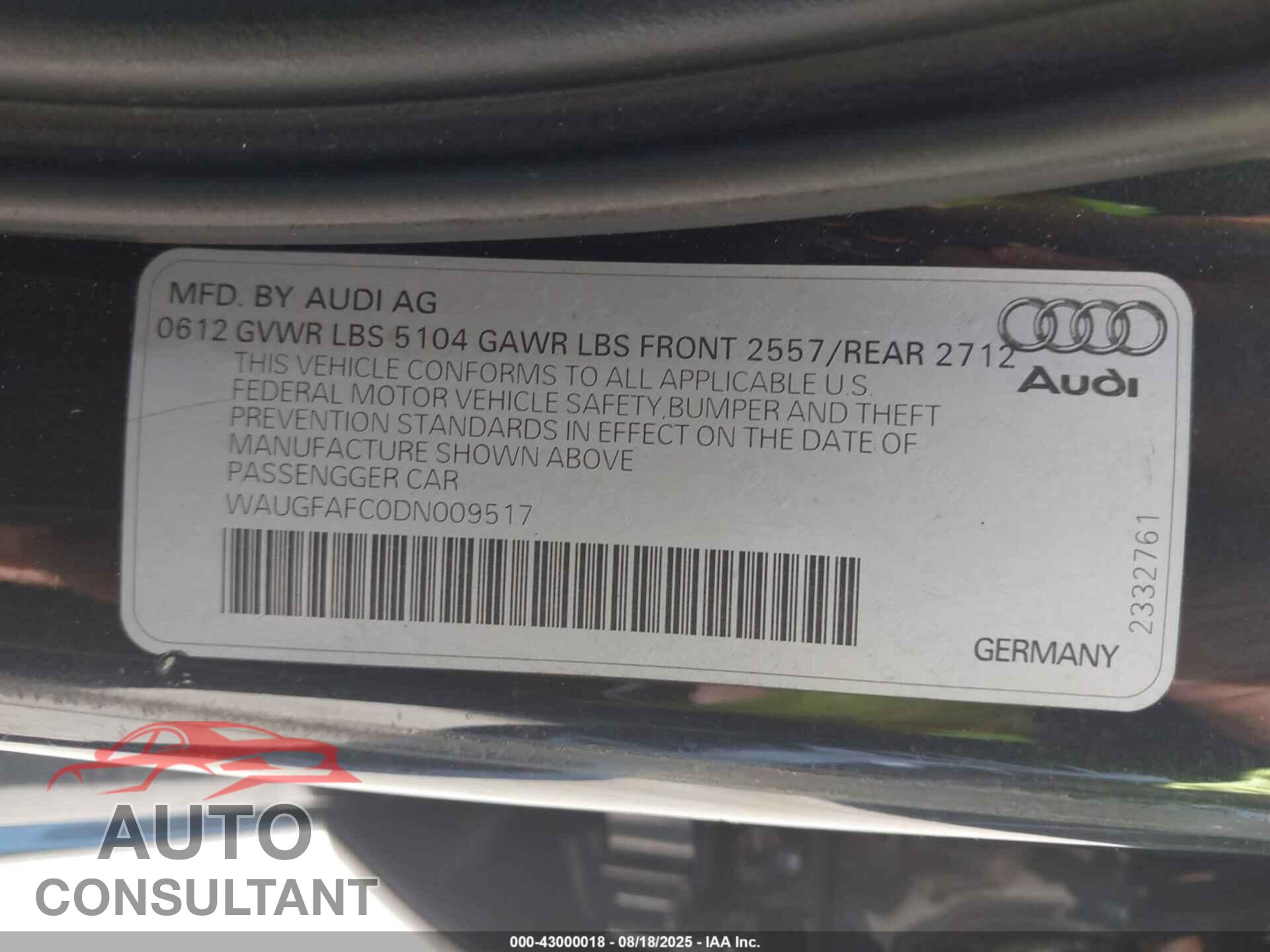 AUDI A6 2013 - WAUGFAFCODNOO9517