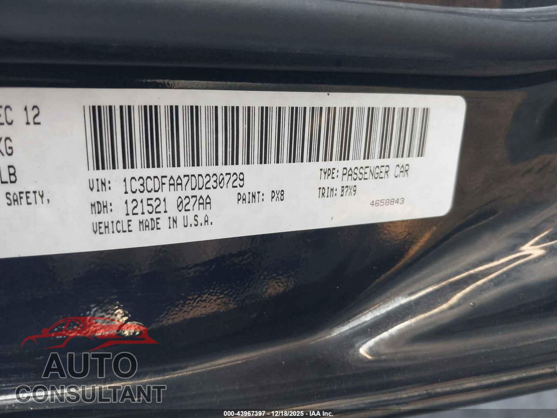 DODGE DART 2013 - 1C3CDFAA7DD230729