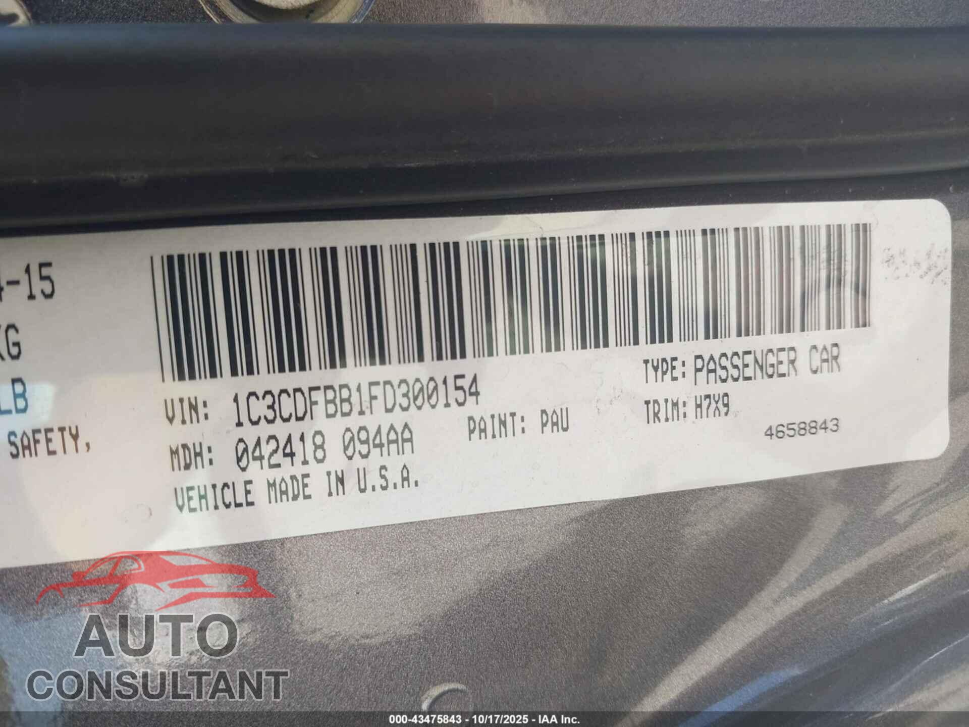 DODGE DART 2015 - 1C3CDFBB1FD300154