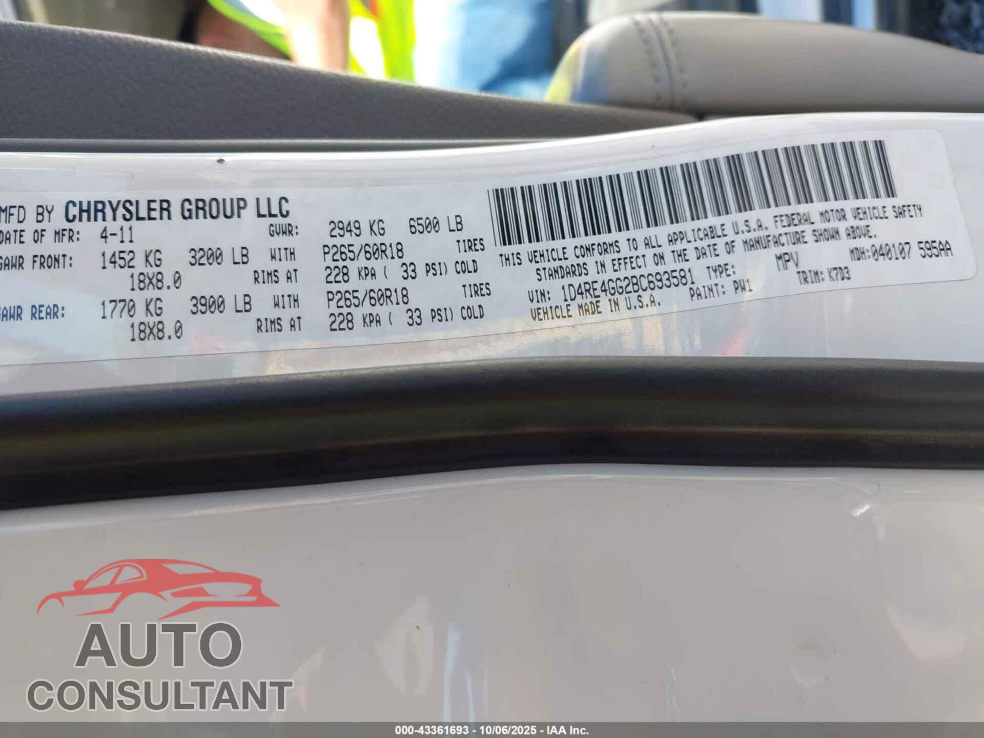 DODGE DURANGO 2011 - 1D4RE4GG2BC693581