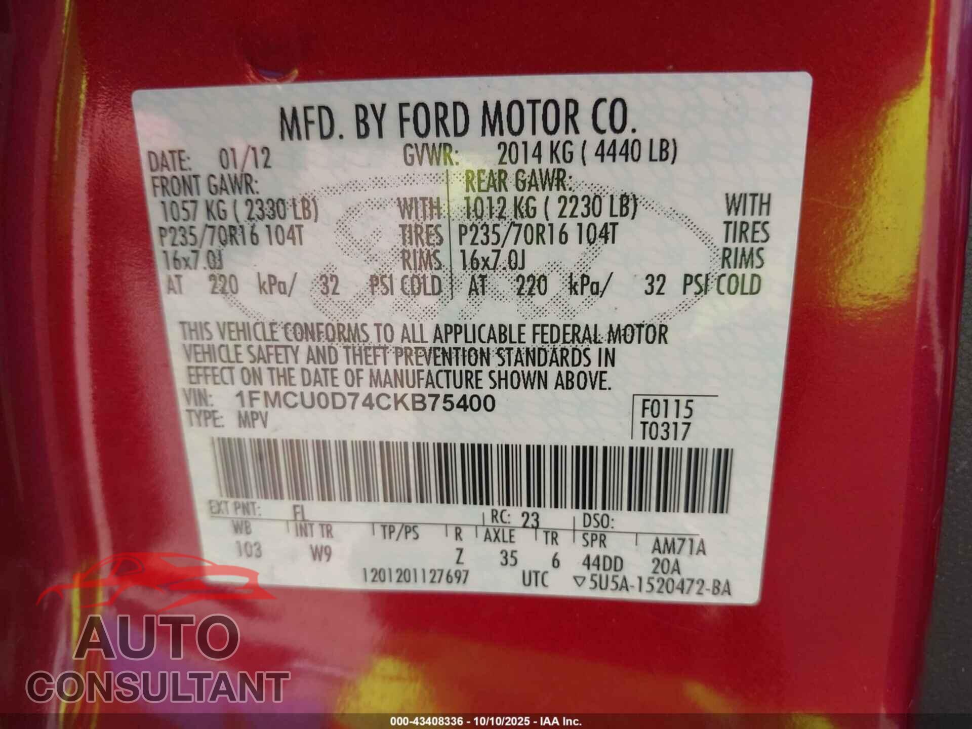 FORD ESCAPE 2012 - 1FMCU0D74CKB75400