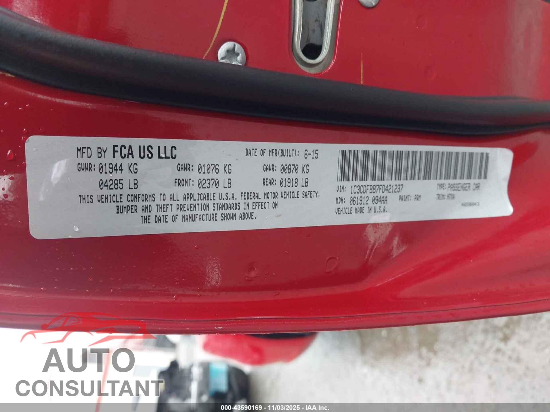 DODGE DART 2015 - 1C3CDFBB7FD421237