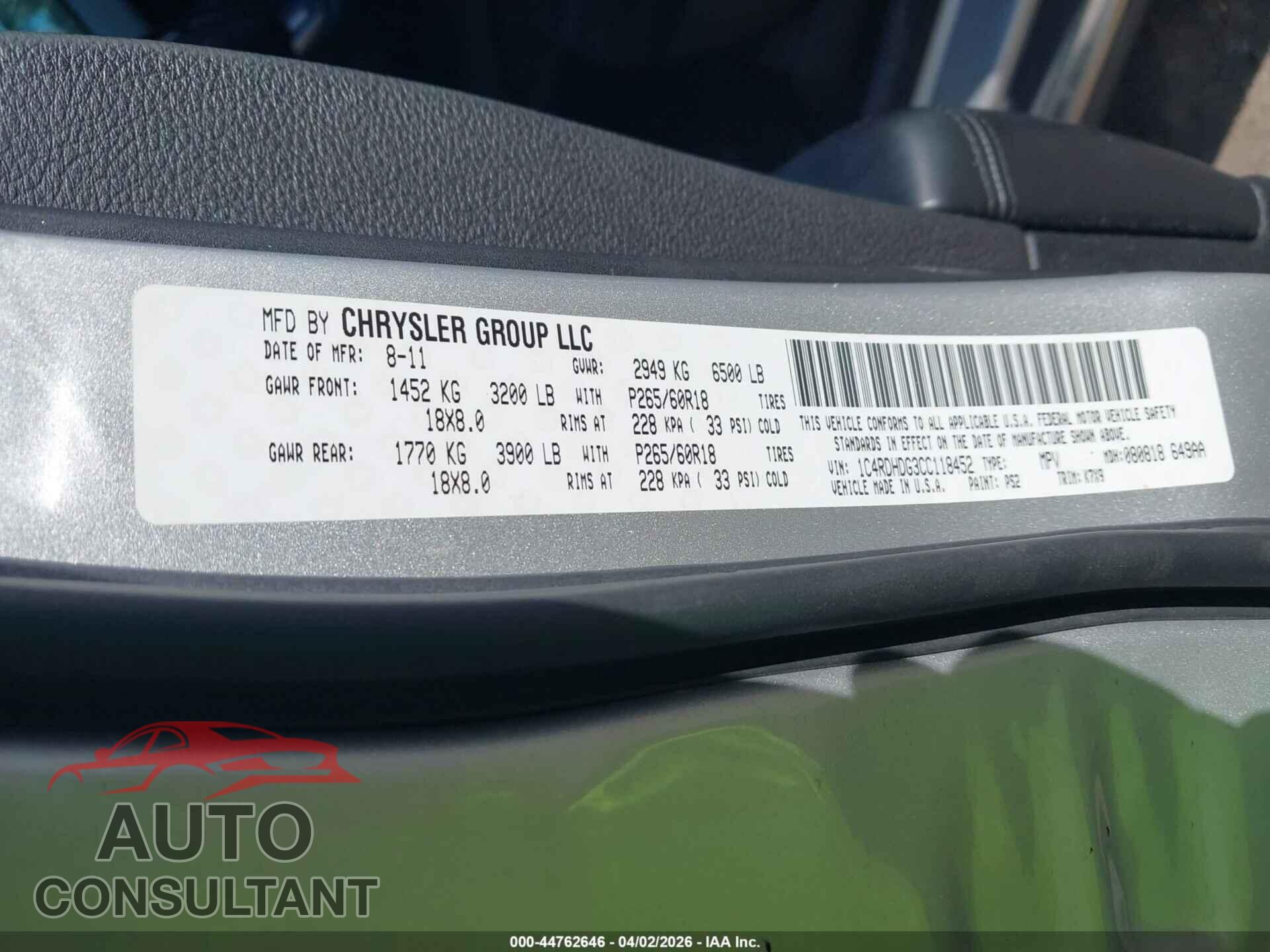 DODGE DURANGO 2012 - 1C4RDHDG3CC118452