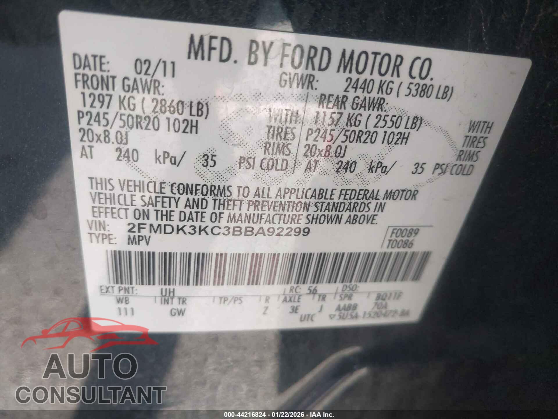 FORD EDGE 2011 - 2FMDK3KC3BBA92299