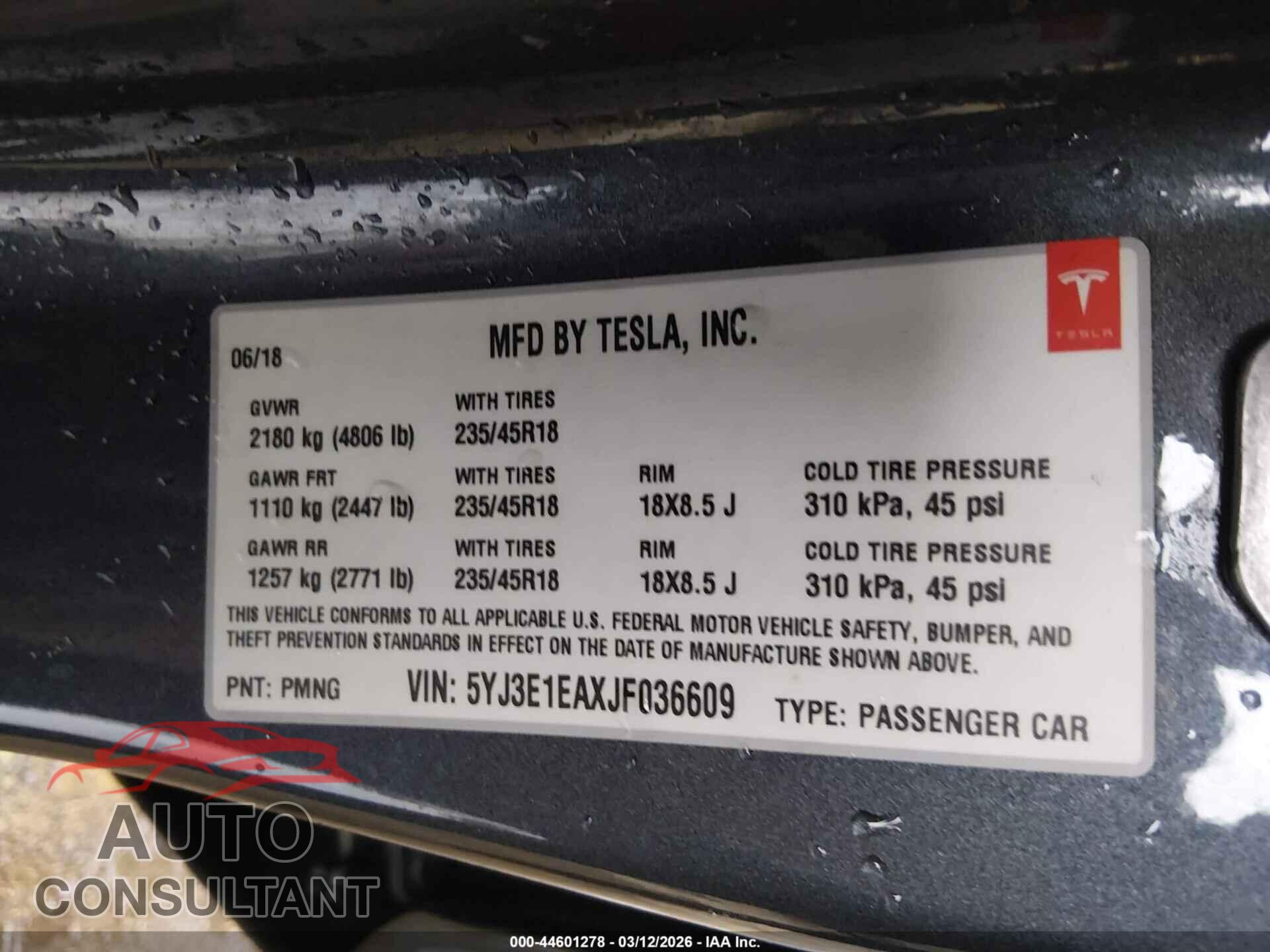 TESLA MODEL 3 2018 - 5YJ3E1EAXJF036609