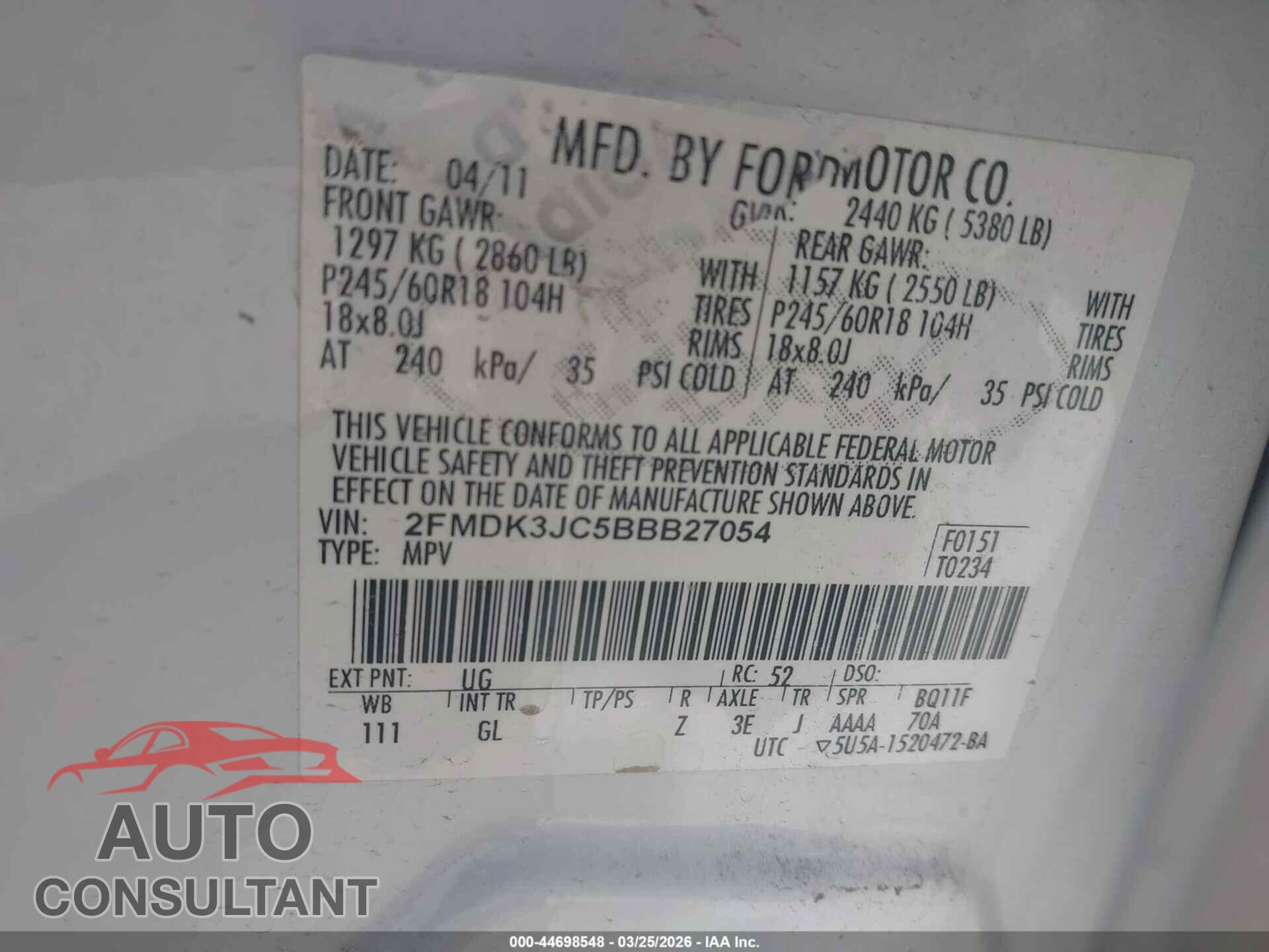 FORD EDGE 2011 - 2FMDK3JC5BBB27054