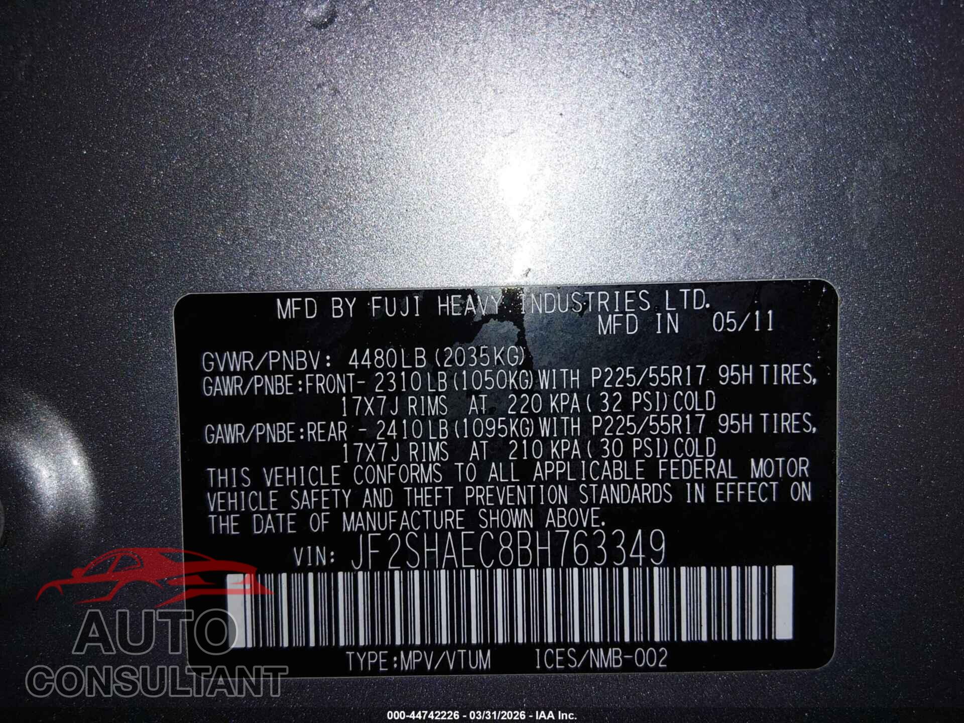 SUBARU FORESTER 2011 - JF2SHAEC8BH763349