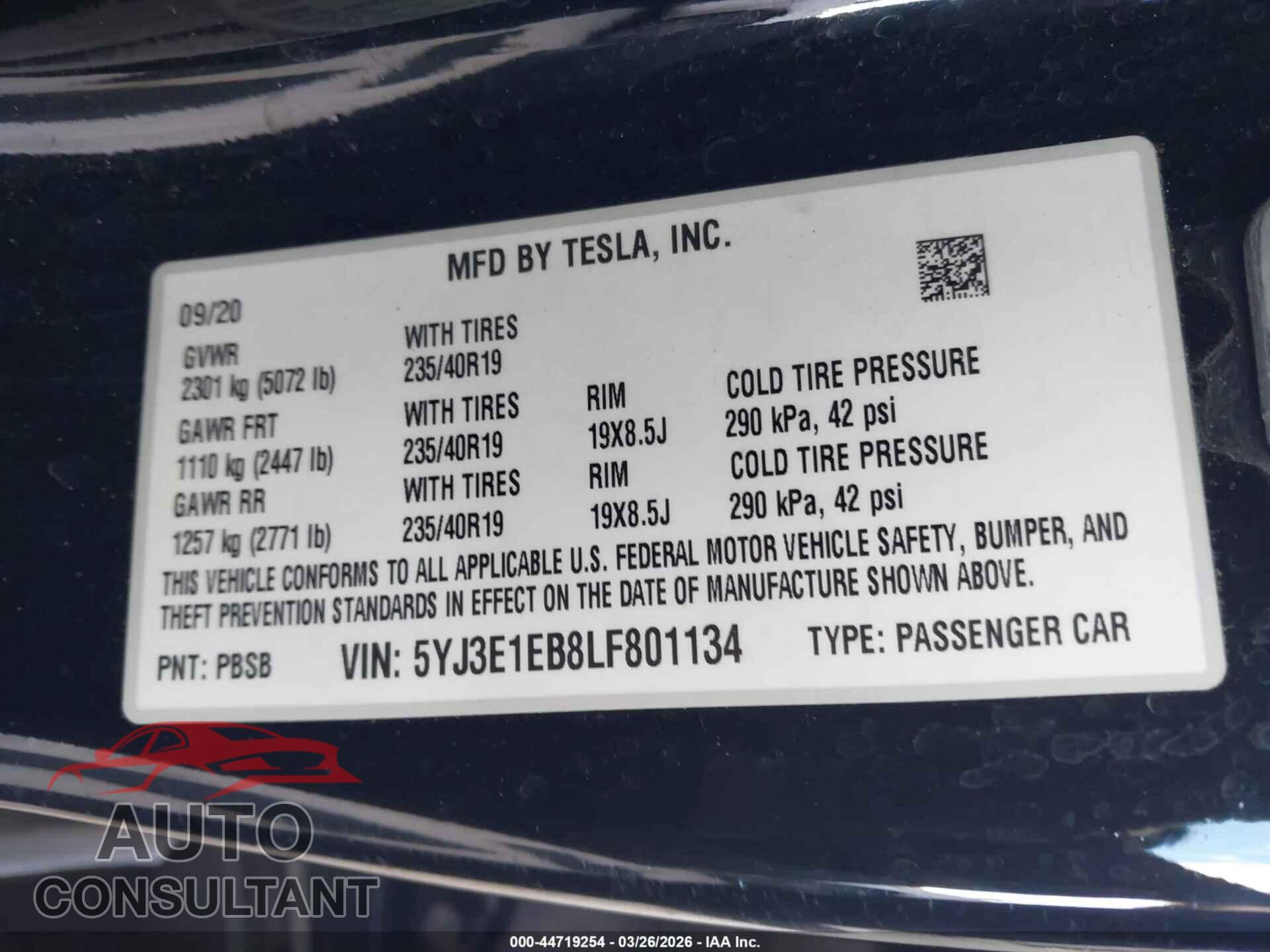 TESLA MODEL 3 2020 - 5YJ3E1EB8LF801134