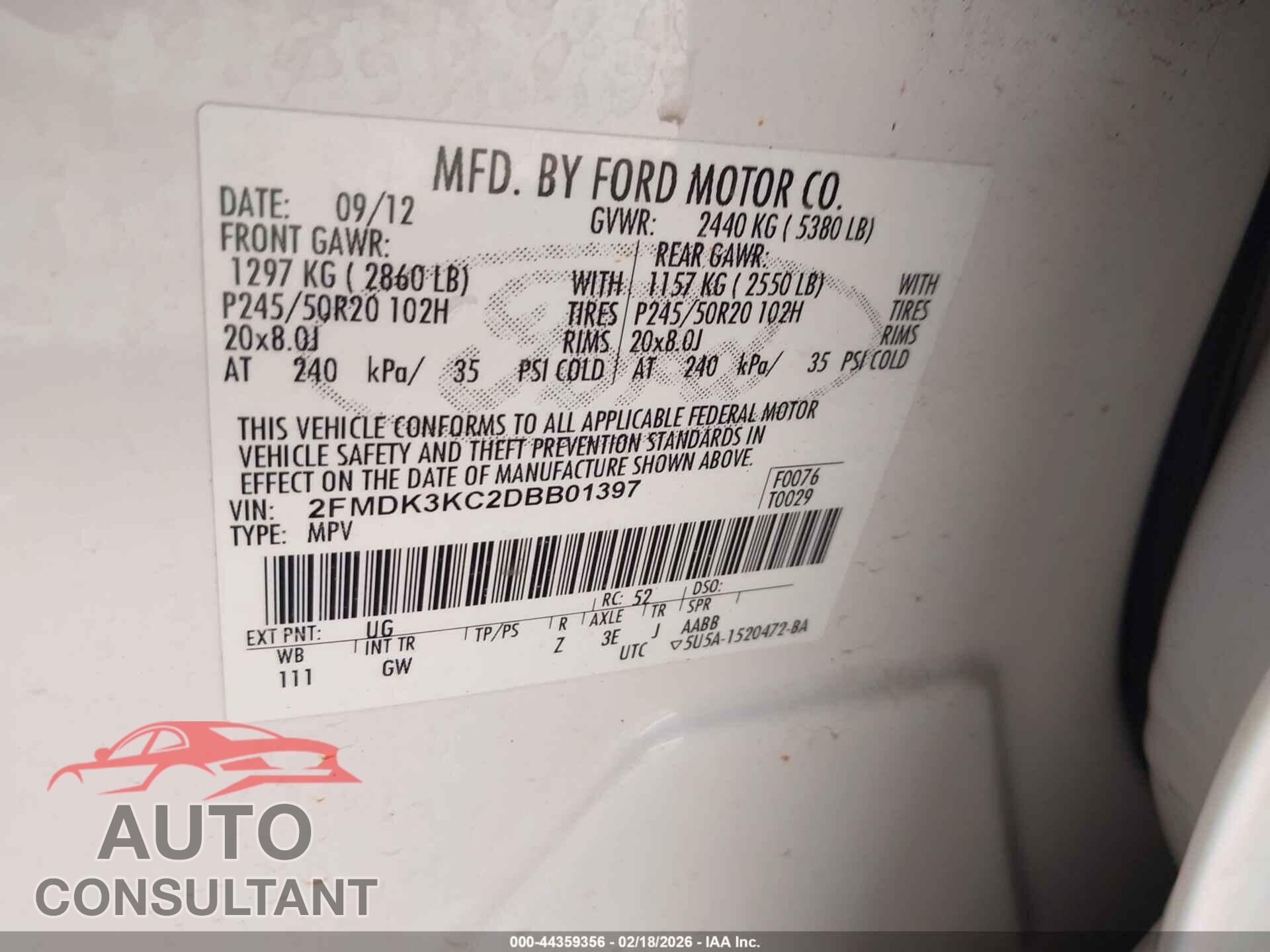 FORD EDGE 2013 - 2FMDK3KC2DBB01397