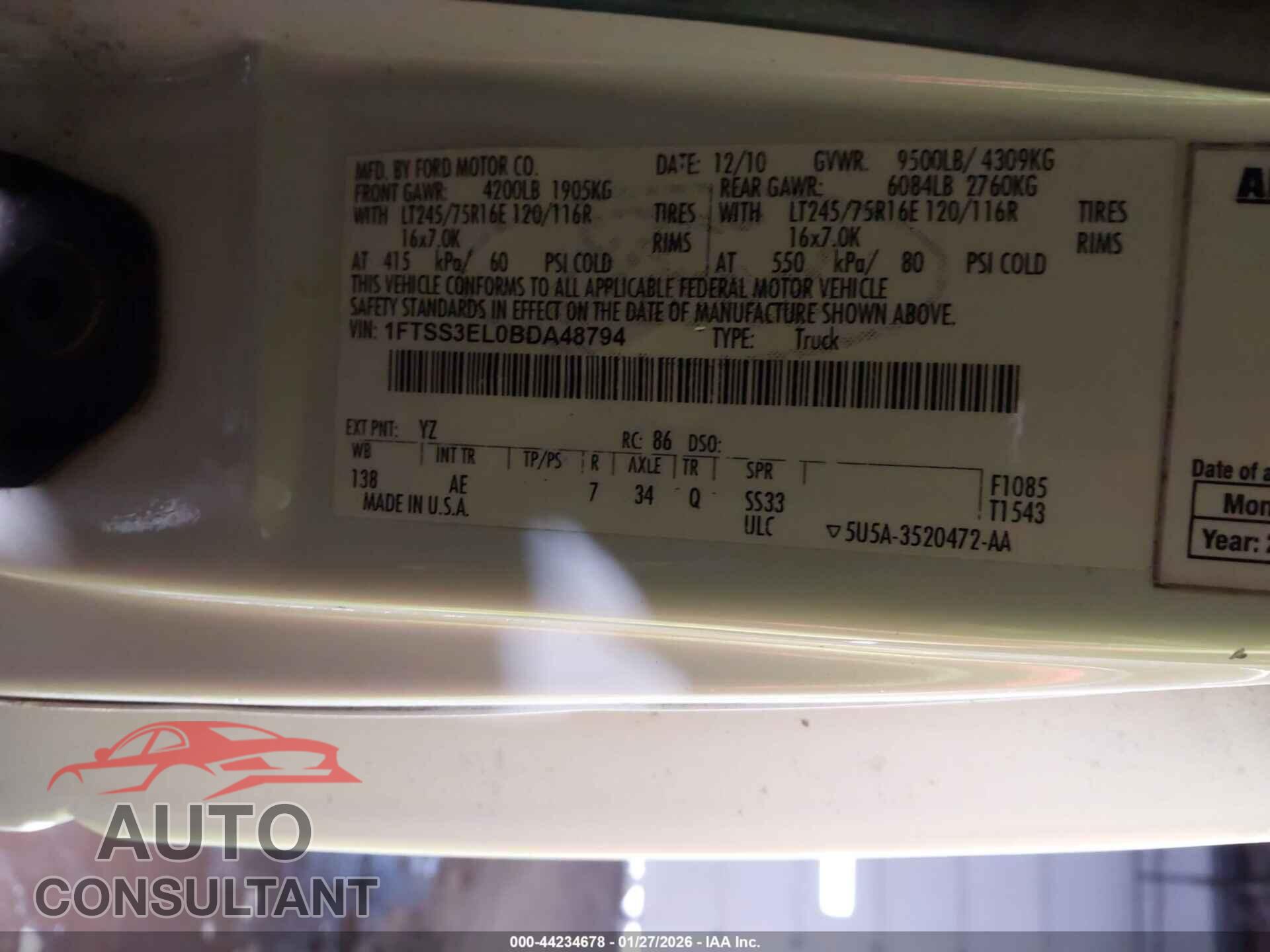 FORD E-350 SUPER DUTY 2011 - 1FTSS3EL0BDA48794