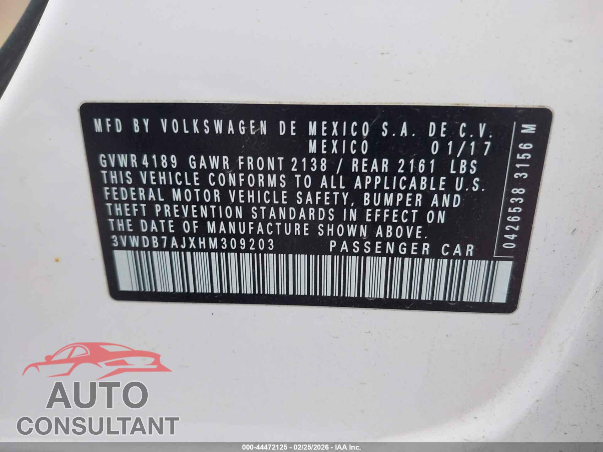 VOLKSWAGEN JETTA 2017 - 3VWDB7AJXHM309203