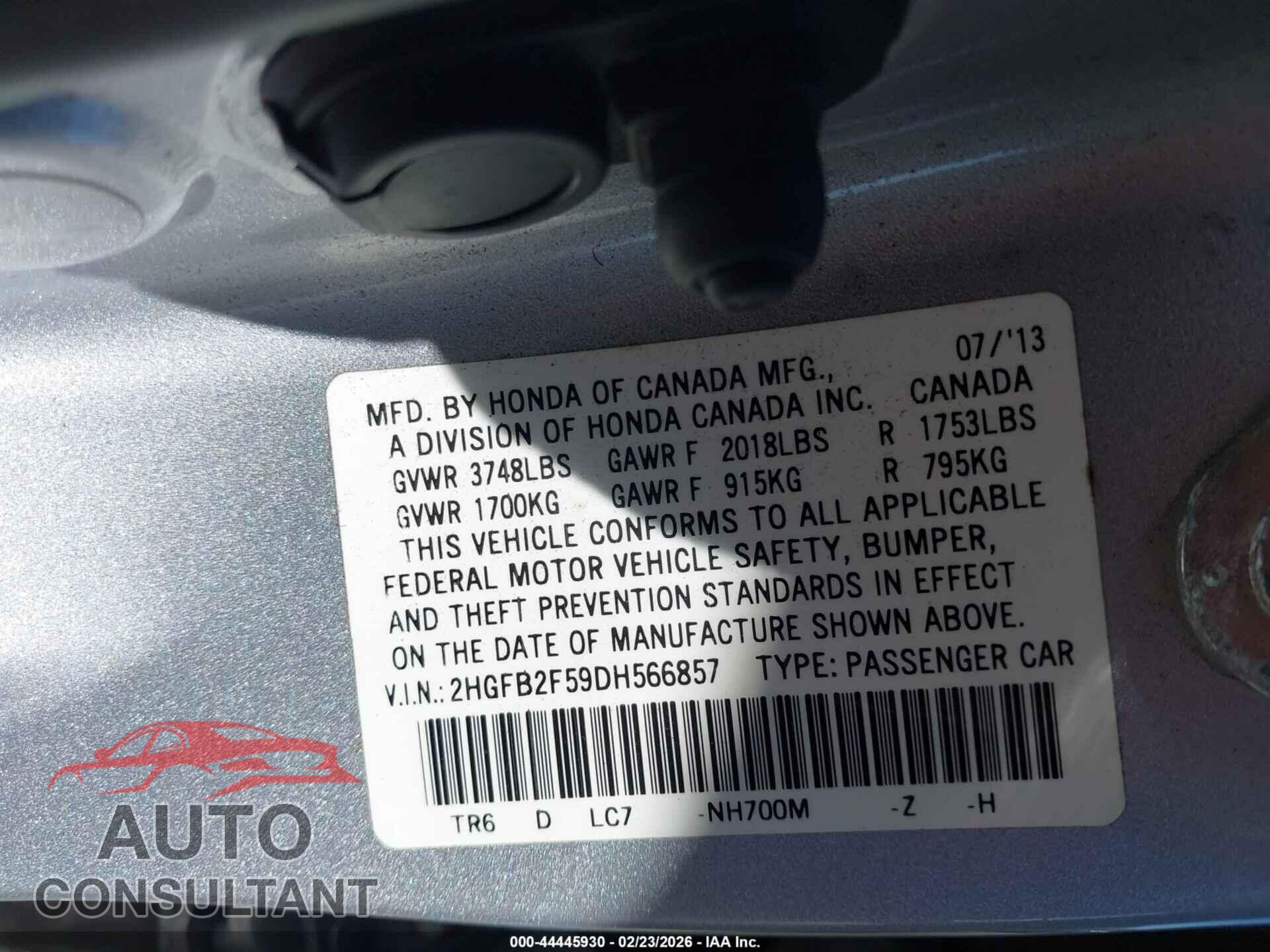 HONDA CIVIC 2013 - 2HGFB2F59DH566857