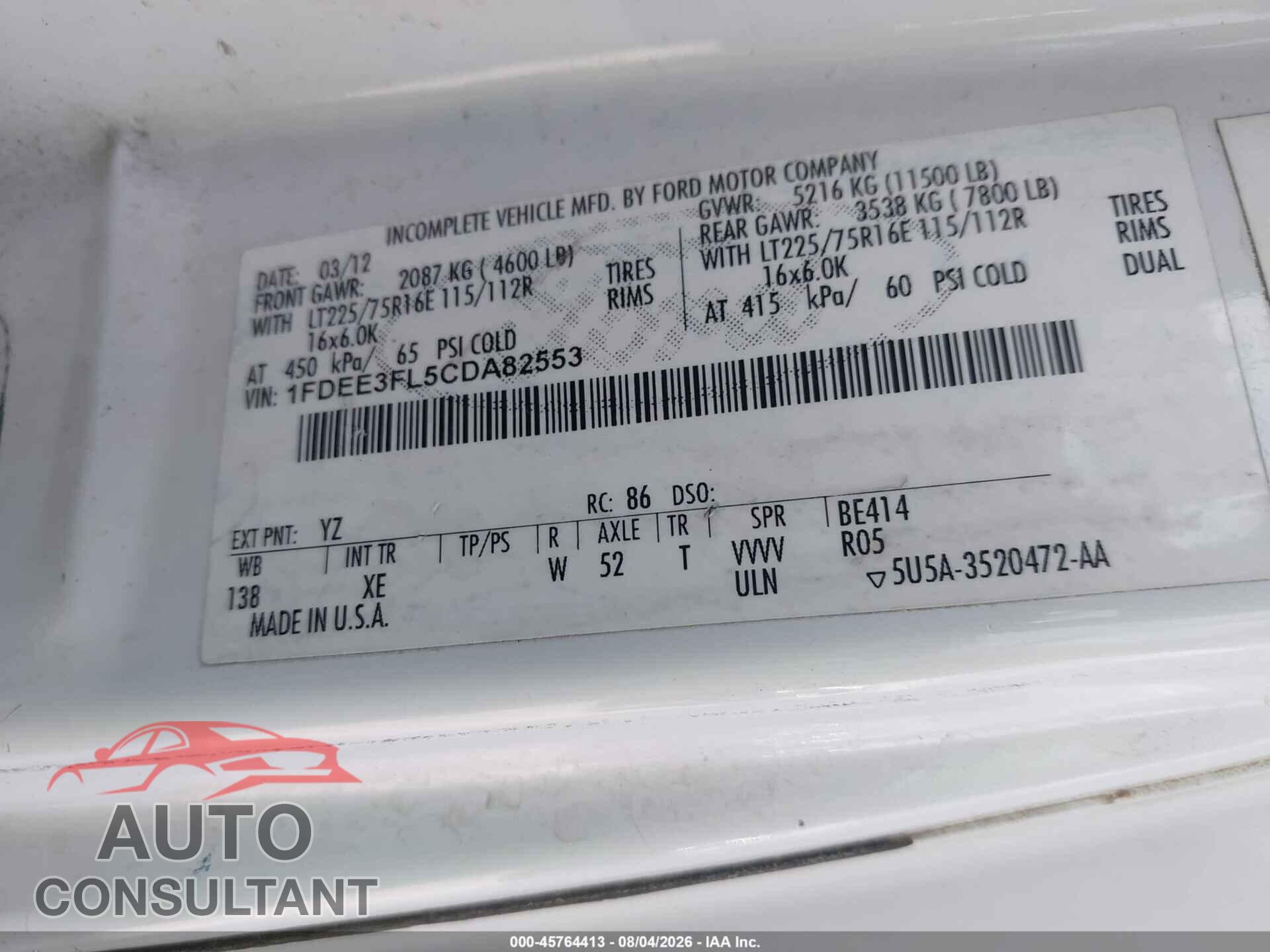 FORD E-350 CUTAWAY 2012 - 1FDEE3FL5CDA82553