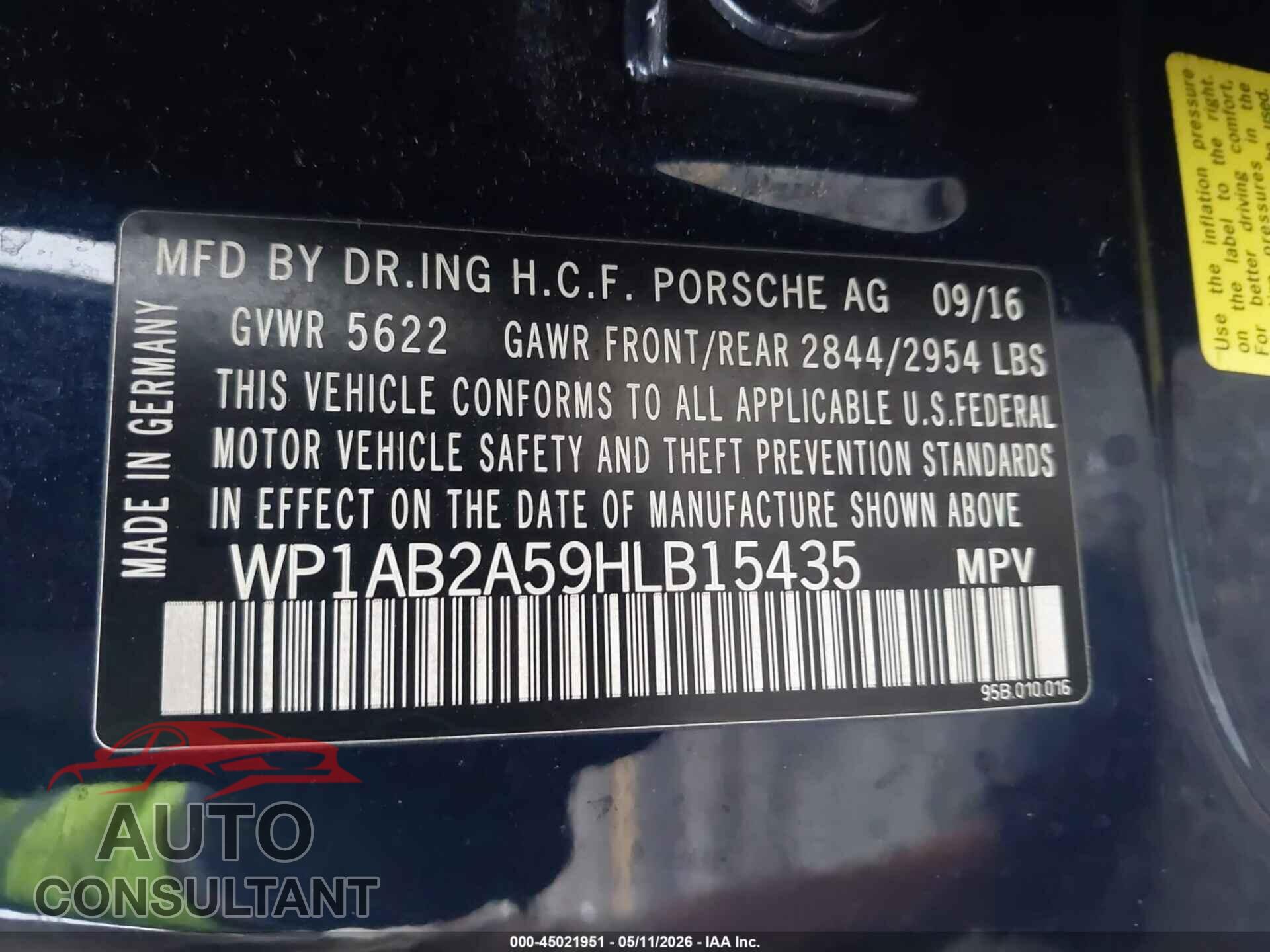 PORSCHE MACAN 2017 - WP1AB2A59HLB15435