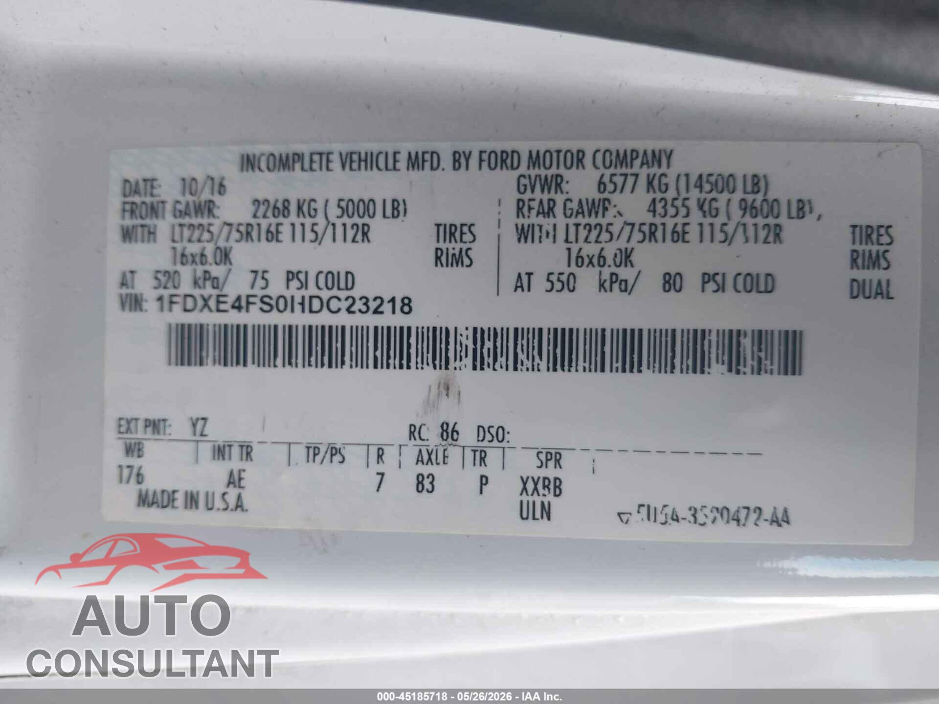 FORD E-450 CUTAWAY 2017 - 1FDXE4FS0HDC23218