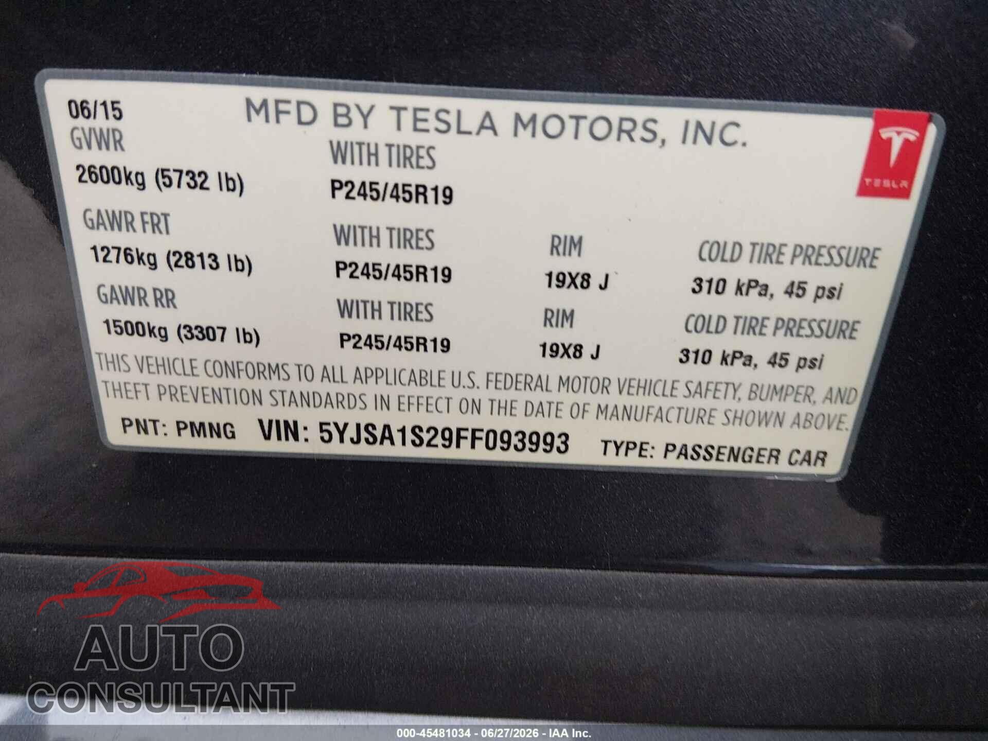 TESLA MODEL S 2015 - 5YJSA1S29FF093993