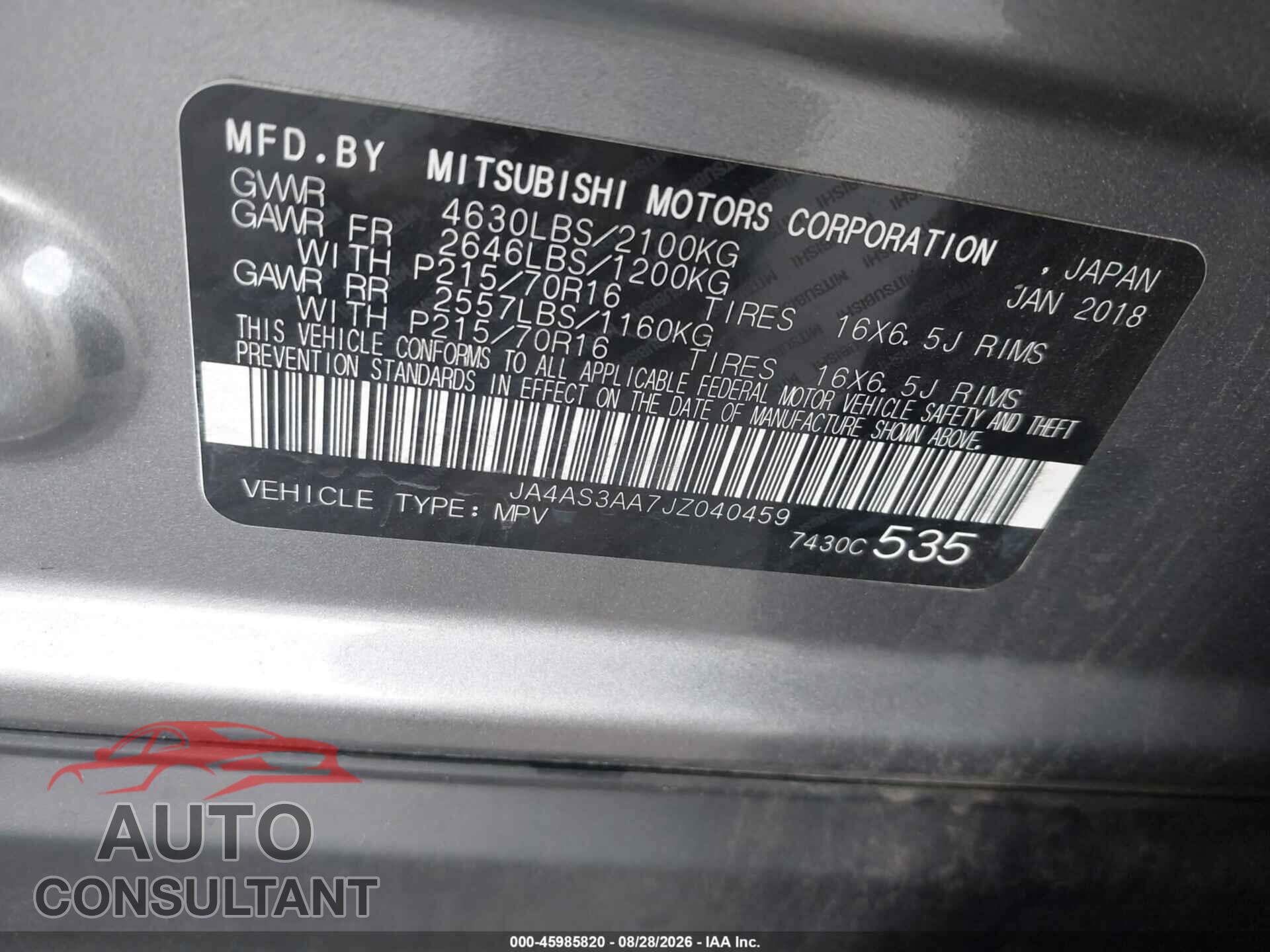 MITSUBISHI ECLIPSE CROSS 2018 - JA4AS3AA7JZ040459