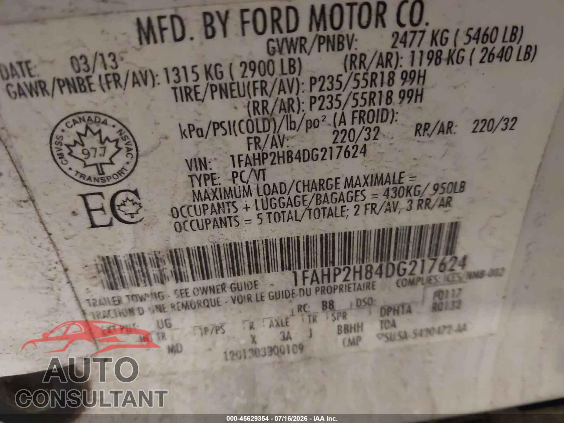 FORD TAURUS 2013 - 1FAHP2H84DG217624