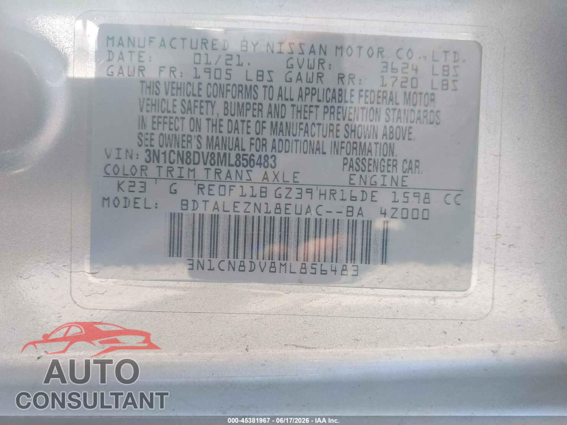 NISSAN VERSA 2021 - 3N1CN8DV8ML856483
