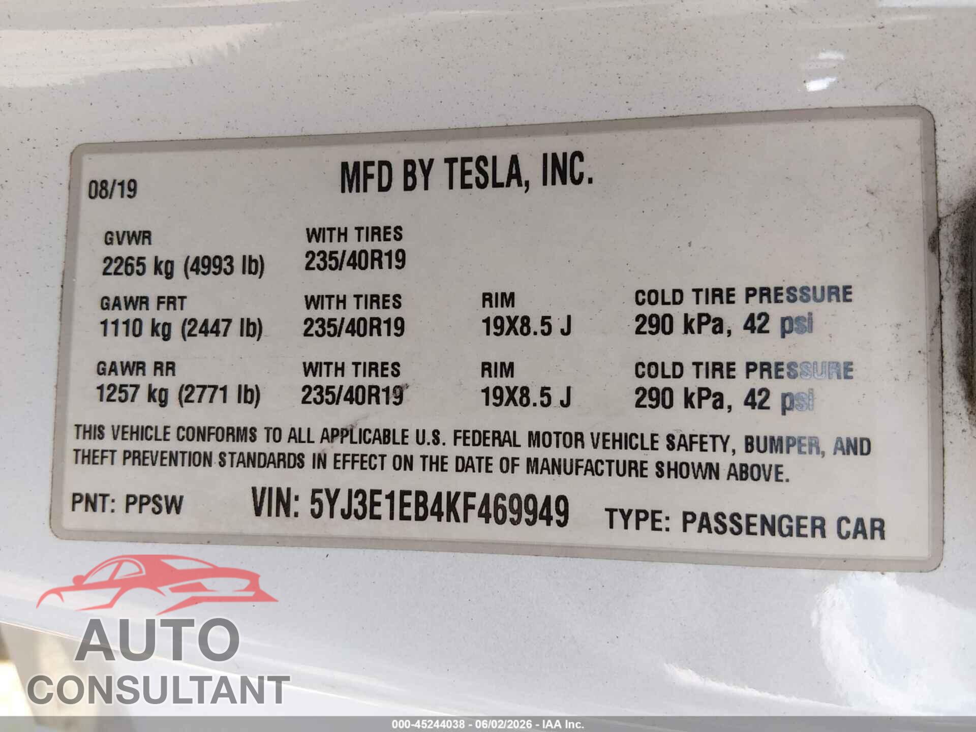 TESLA MODEL 3 2019 - 5YJ3E1EB4KF469949