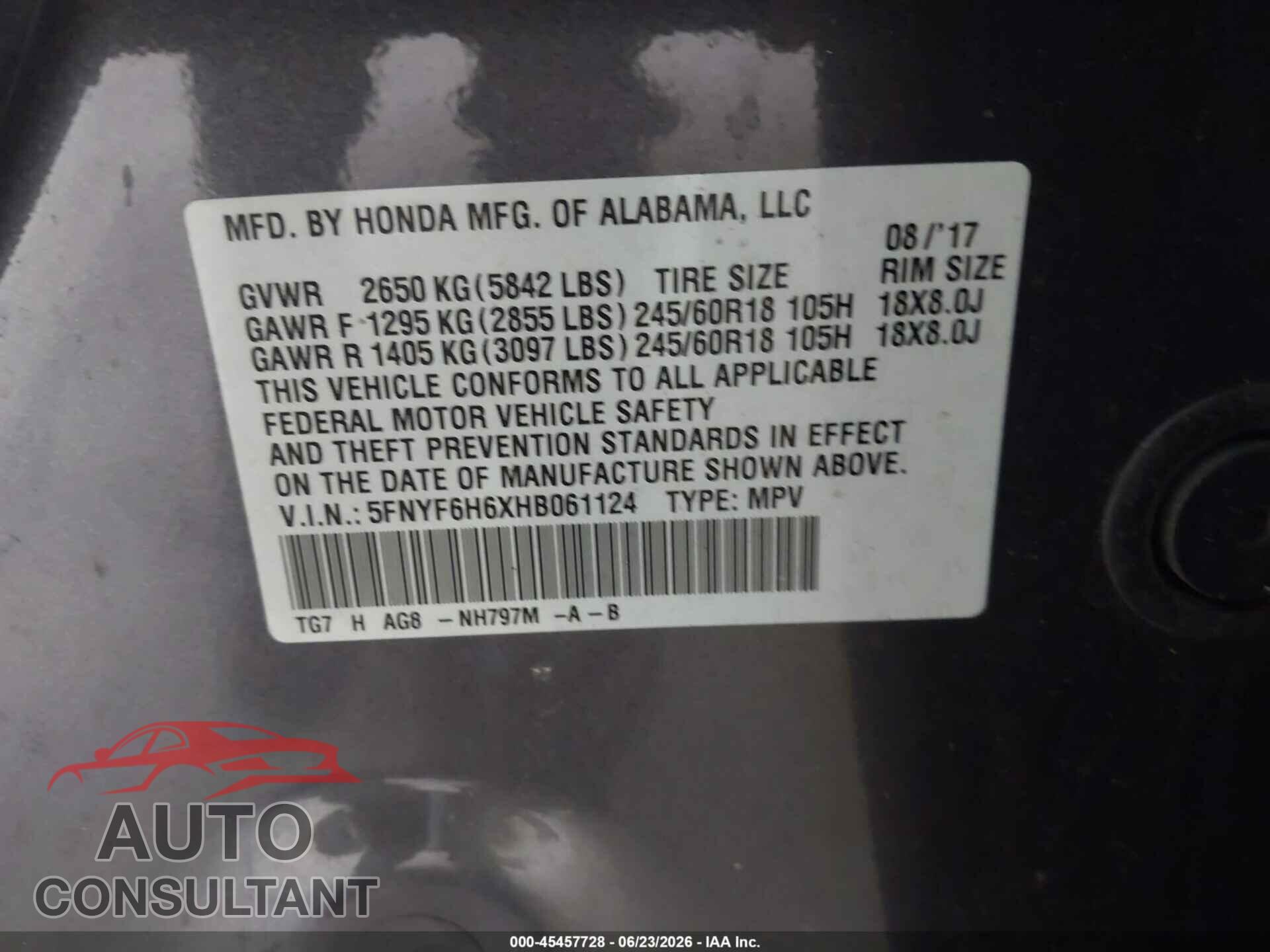 HONDA PILOT 2017 - 5FNYF6H6XHB061124