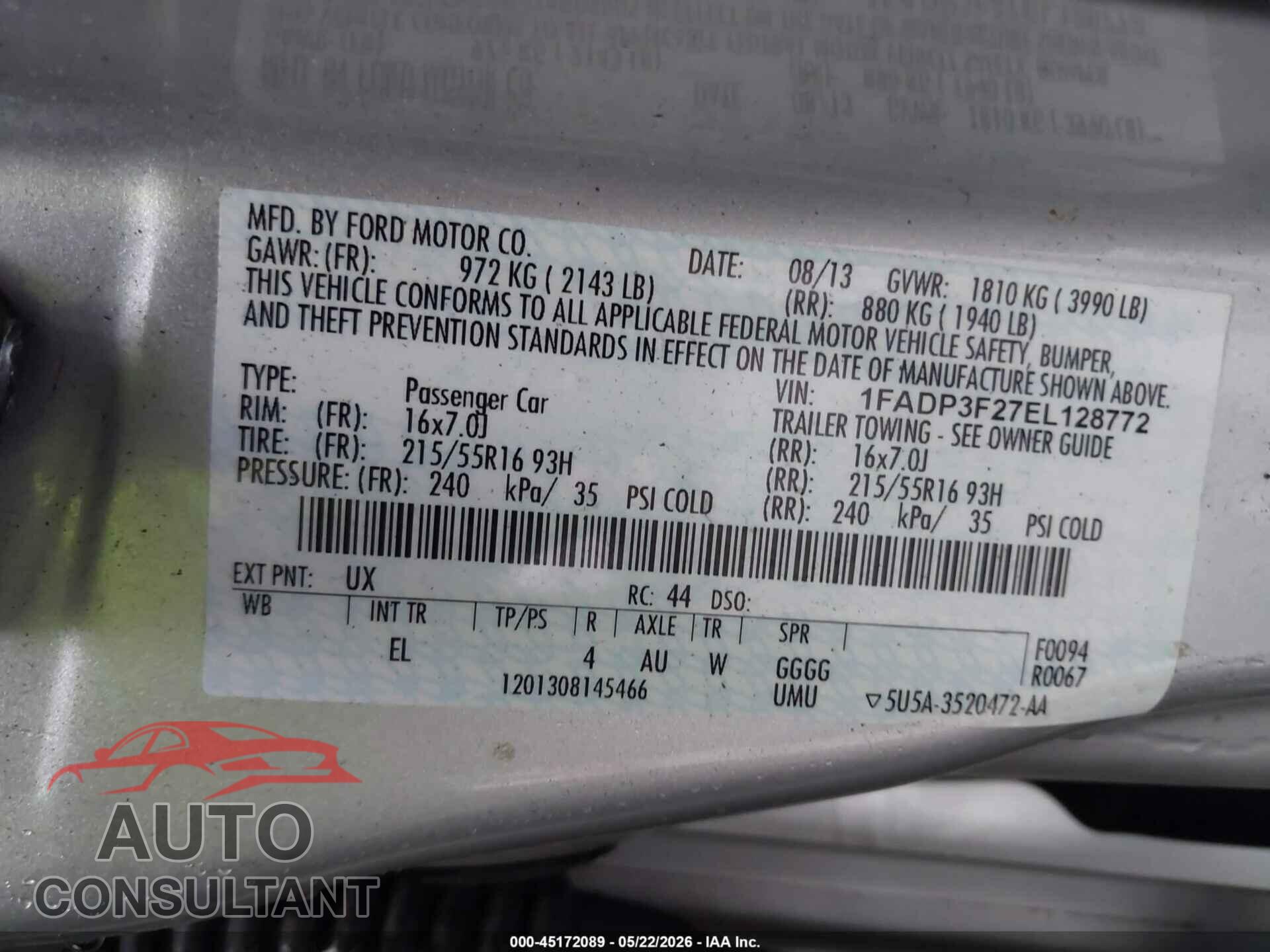 FORD FOCUS 2014 - 1FADP3F27EL128772