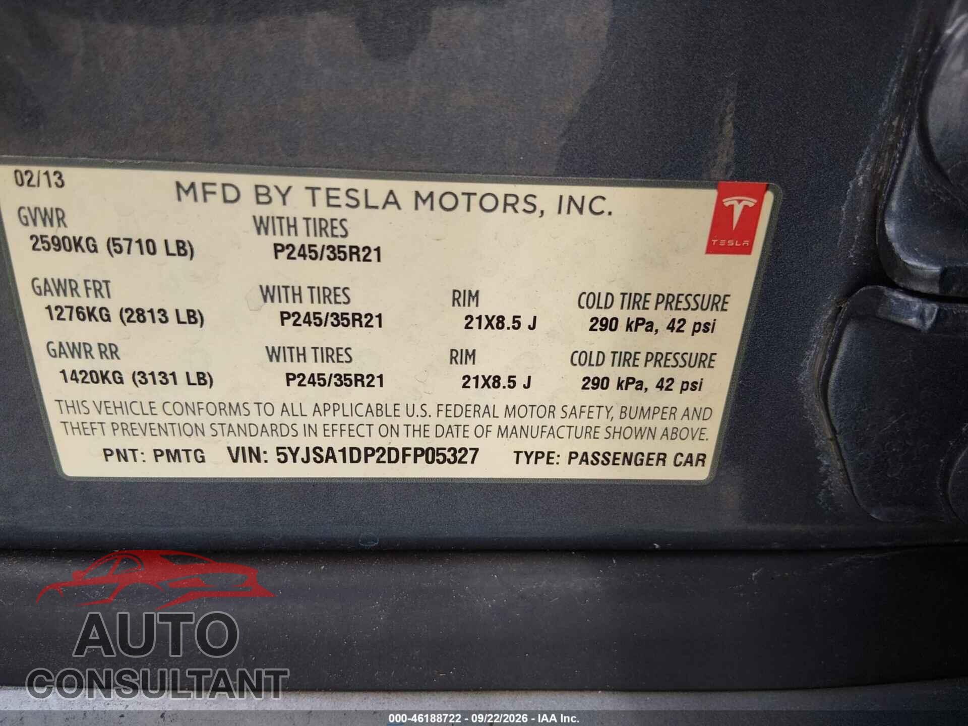 TESLA MODEL S 2013 - 5YJSA1DP2DFP05327
