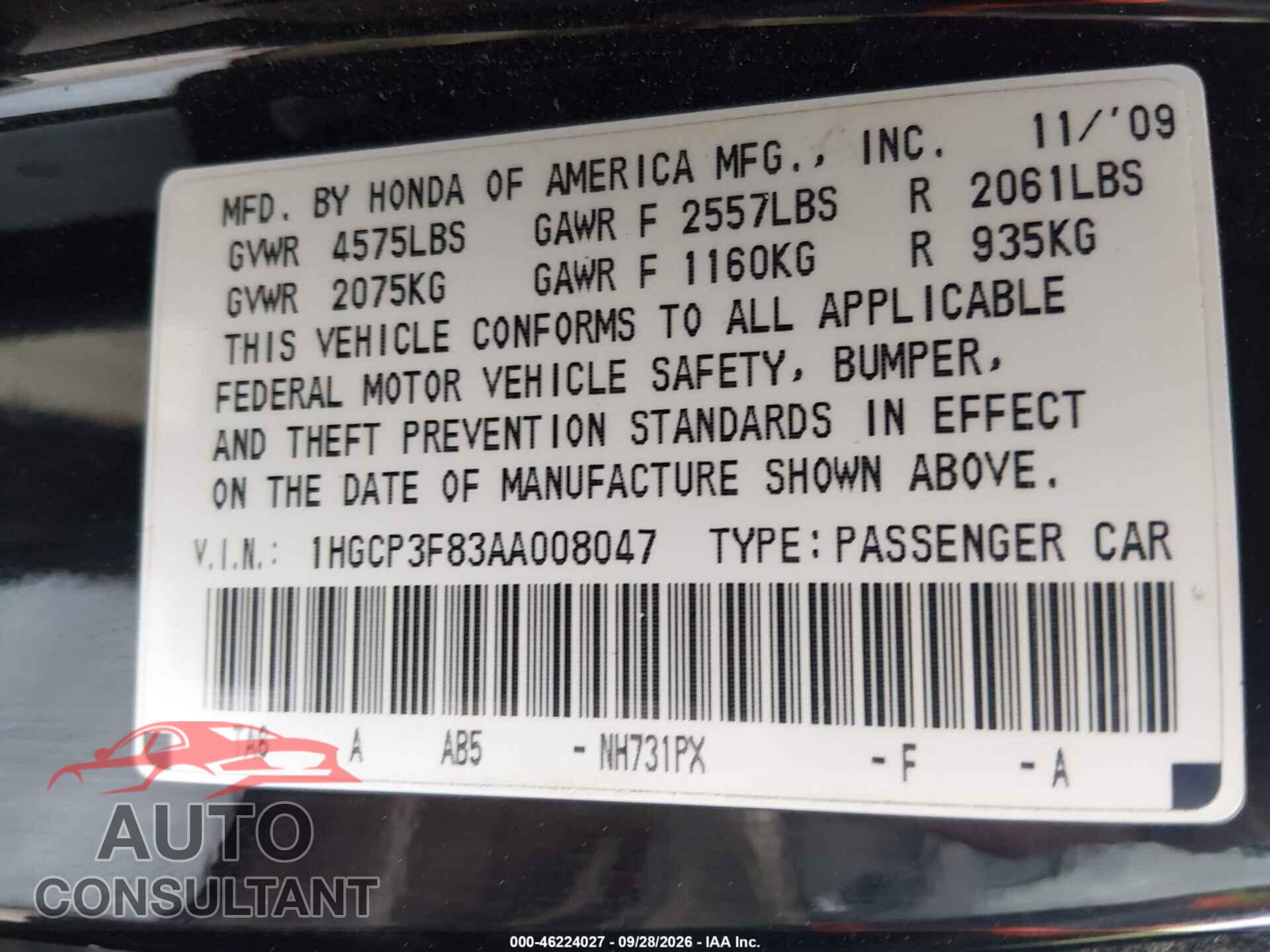 HONDA ACCORD 2010 - 1HGCP3F83AA008047