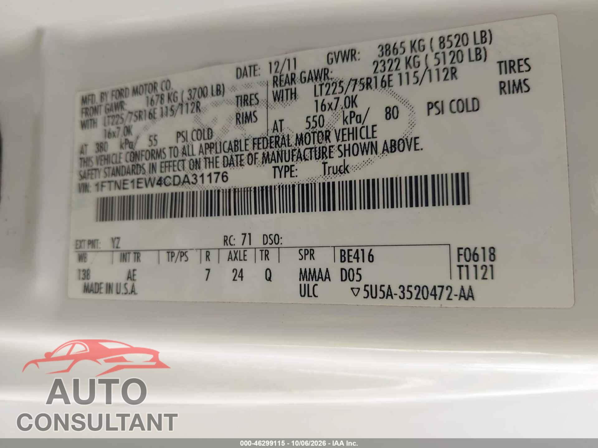 FORD E-150 2012 - 1FTNE1EW4CDA31176
